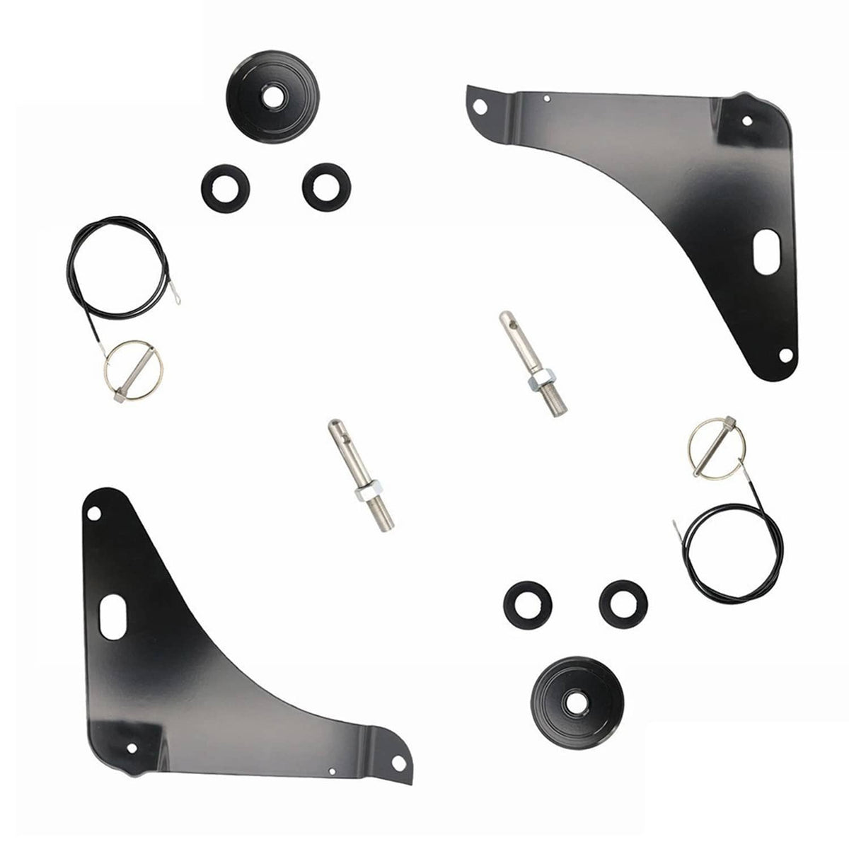Black hood pin mounting kit brackets with hardware, pins, and looped cables