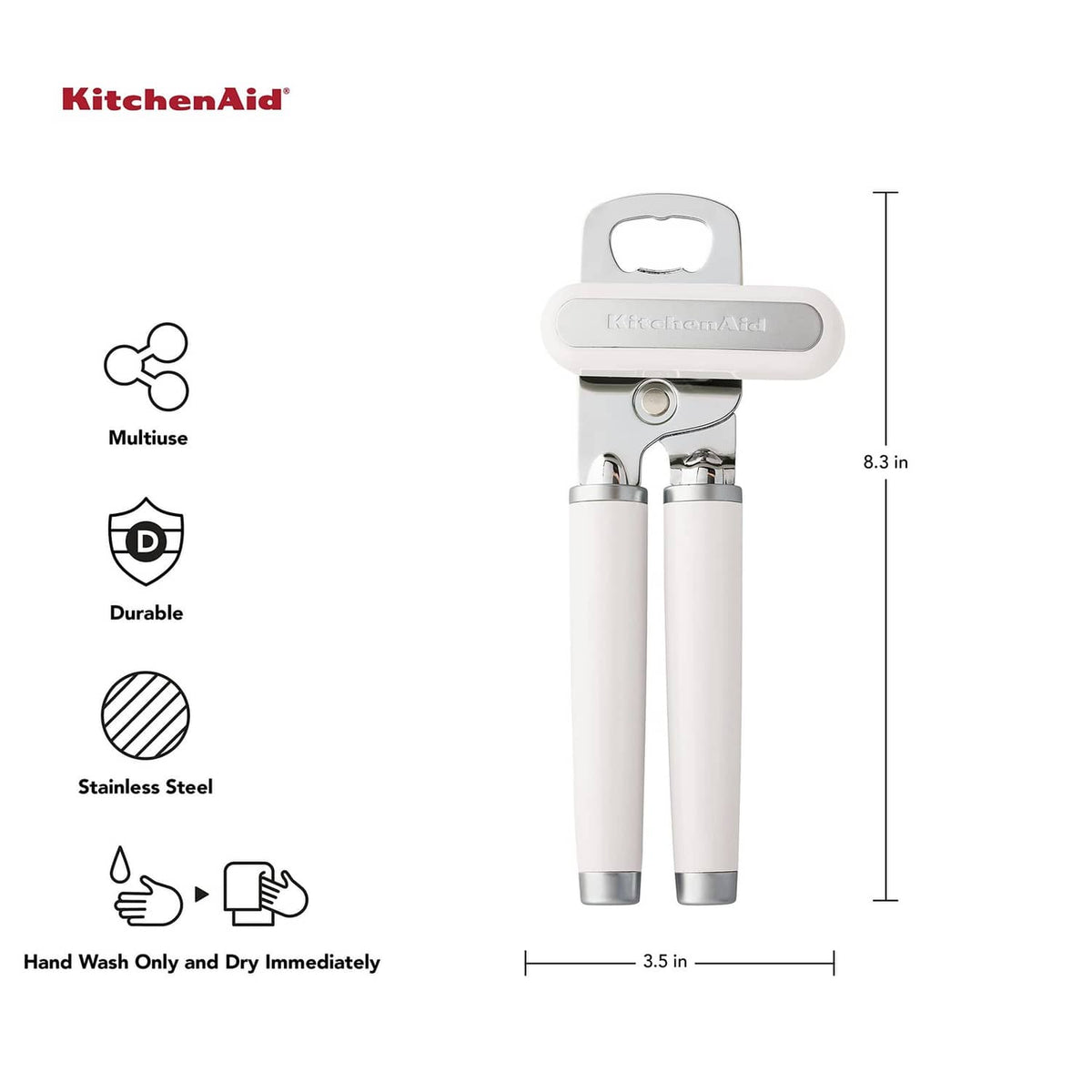 White multifunction can and bottle opener with ergonomic dual handles