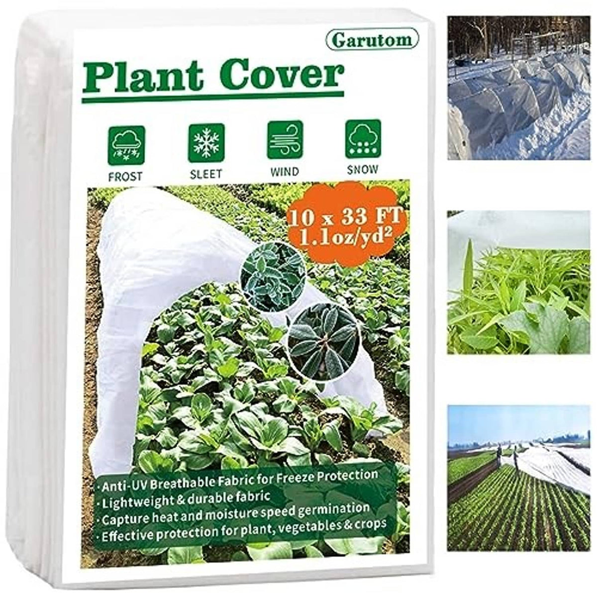 Plant cover frost cloth 10 x 33 ft with frost, sleet, wind, snow icons on package