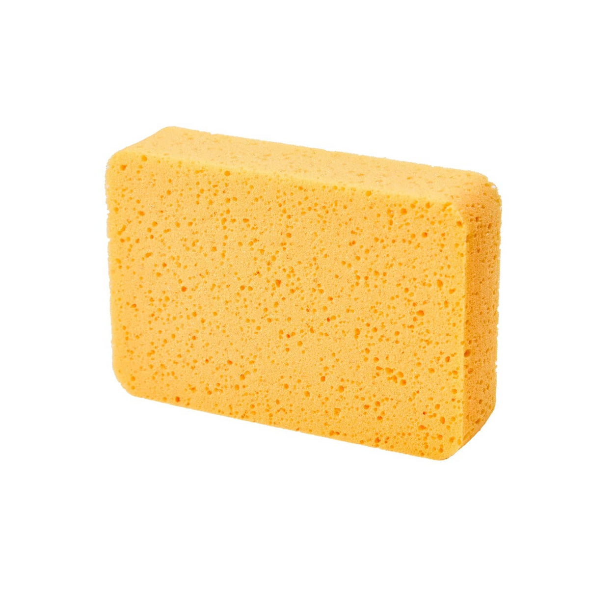 Orange-yellow foam grout cleaning sponge, angled rectangular block