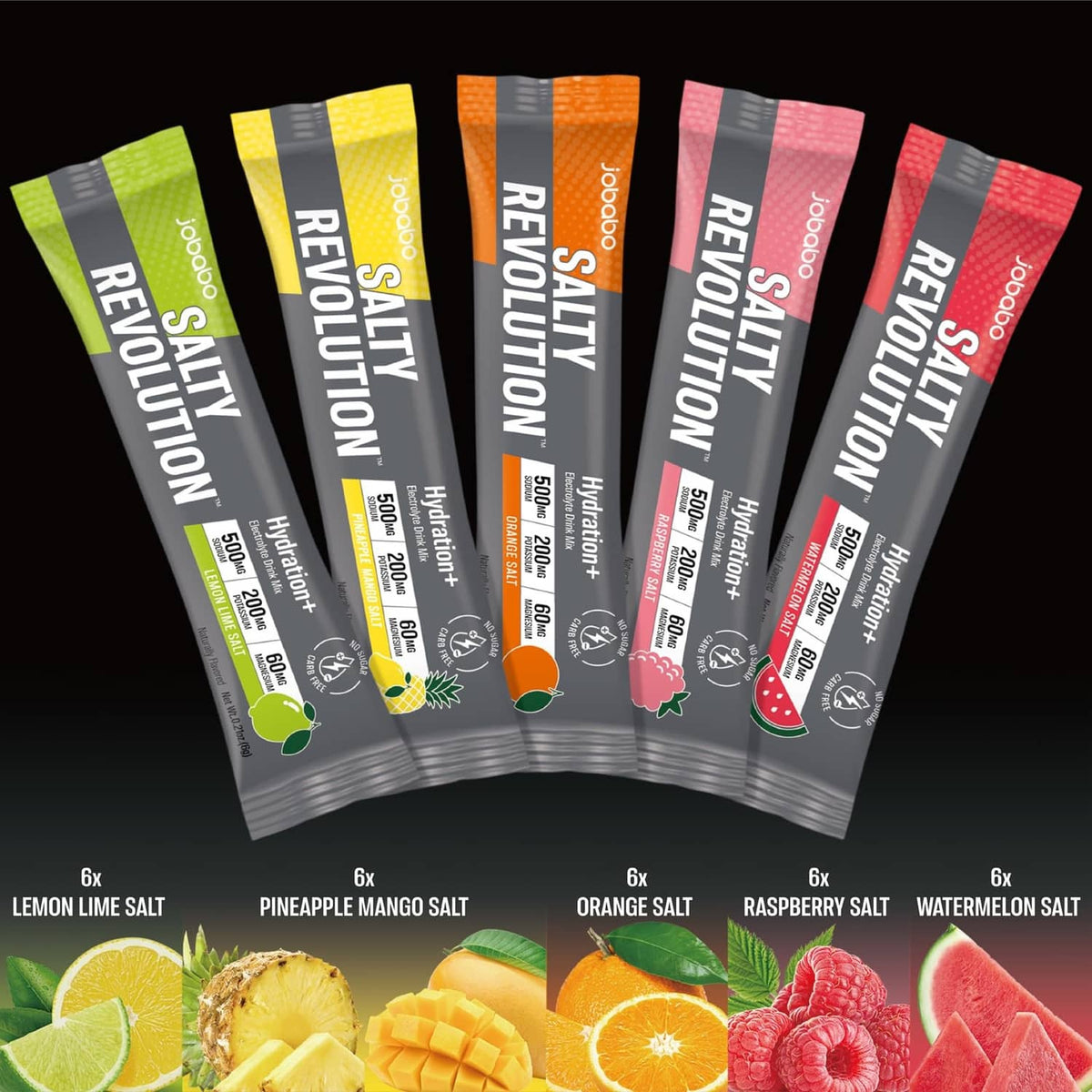 Variety of electrolyte stick packets: Lemon, Pineapple Mango, Orange, Raspberry, Watermelon salts