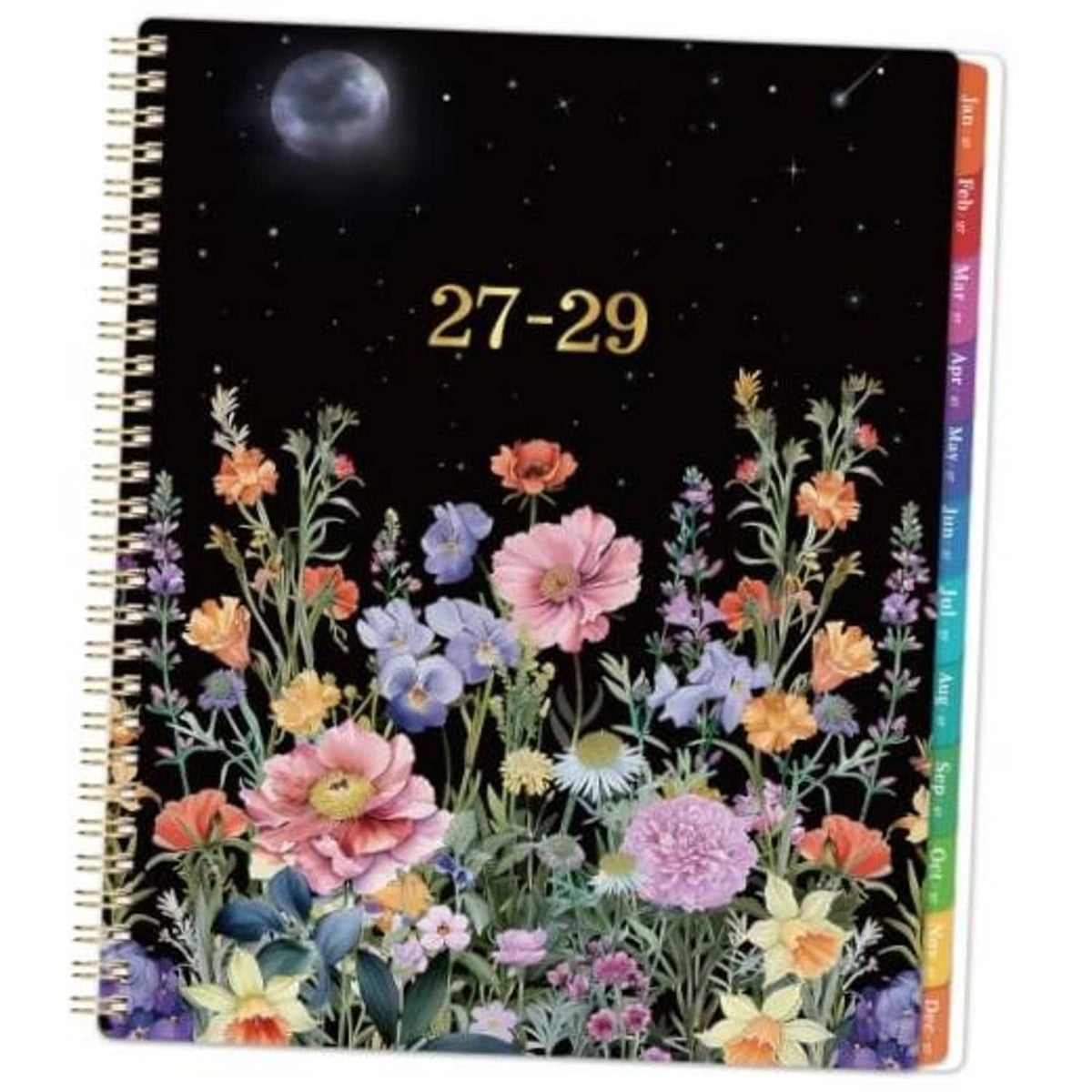 2027-2029 floral starry monthly planner with gold spiral binding and black cover