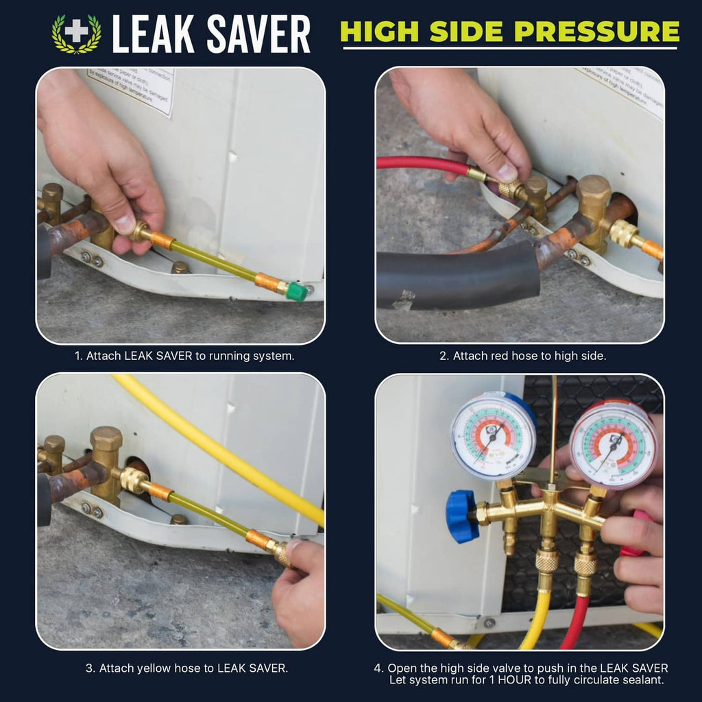 Leak Saver high side pressure steps infographic with hoses and dual gauges