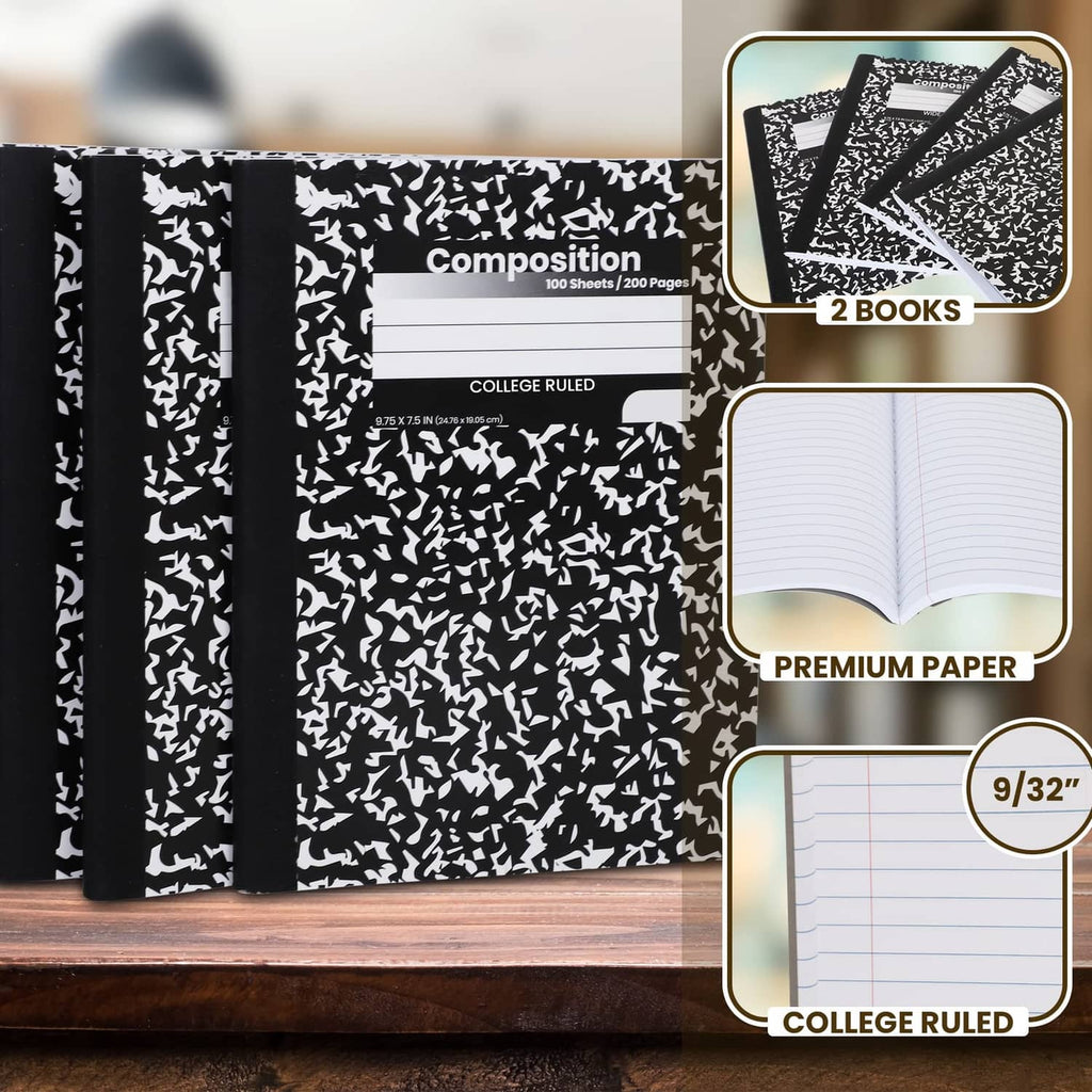 Set of 2 black hard-cover composition notebooks, college-ruled, patterned black-and-white covers