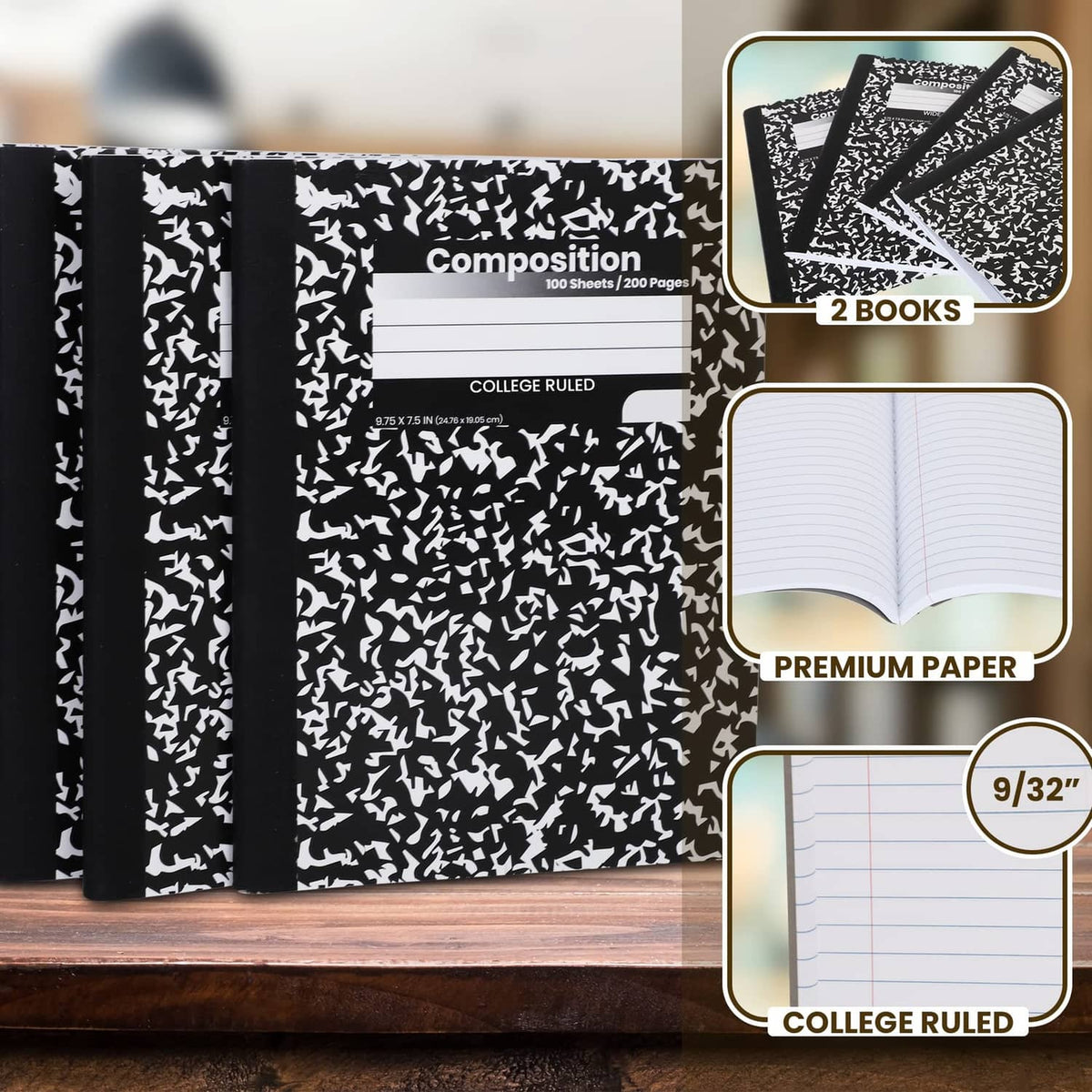 Set of 2 black hard-cover composition notebooks, college-ruled, patterned black-and-white covers