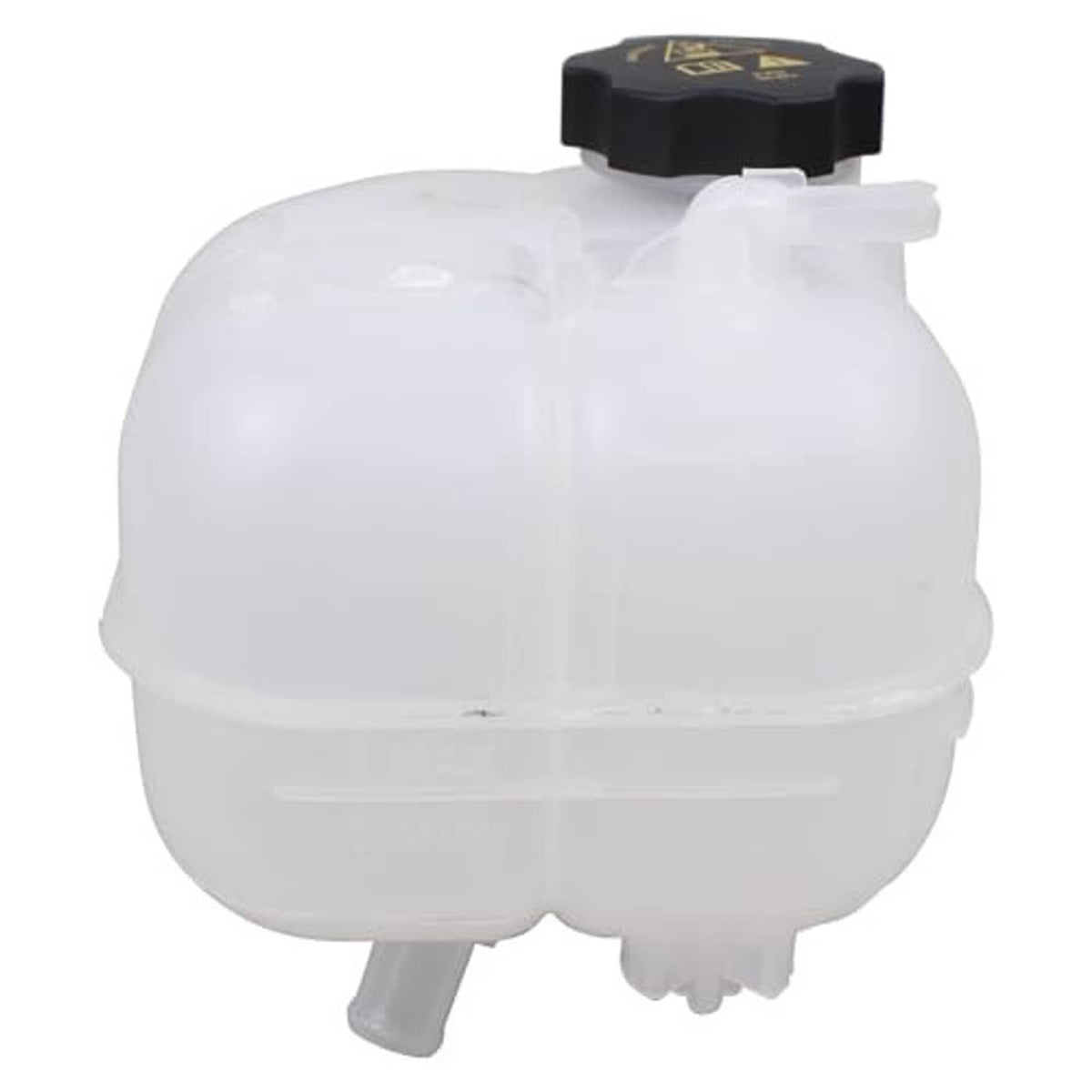 White coolant reservoir tank bottle with black cap and molded mounting tabs