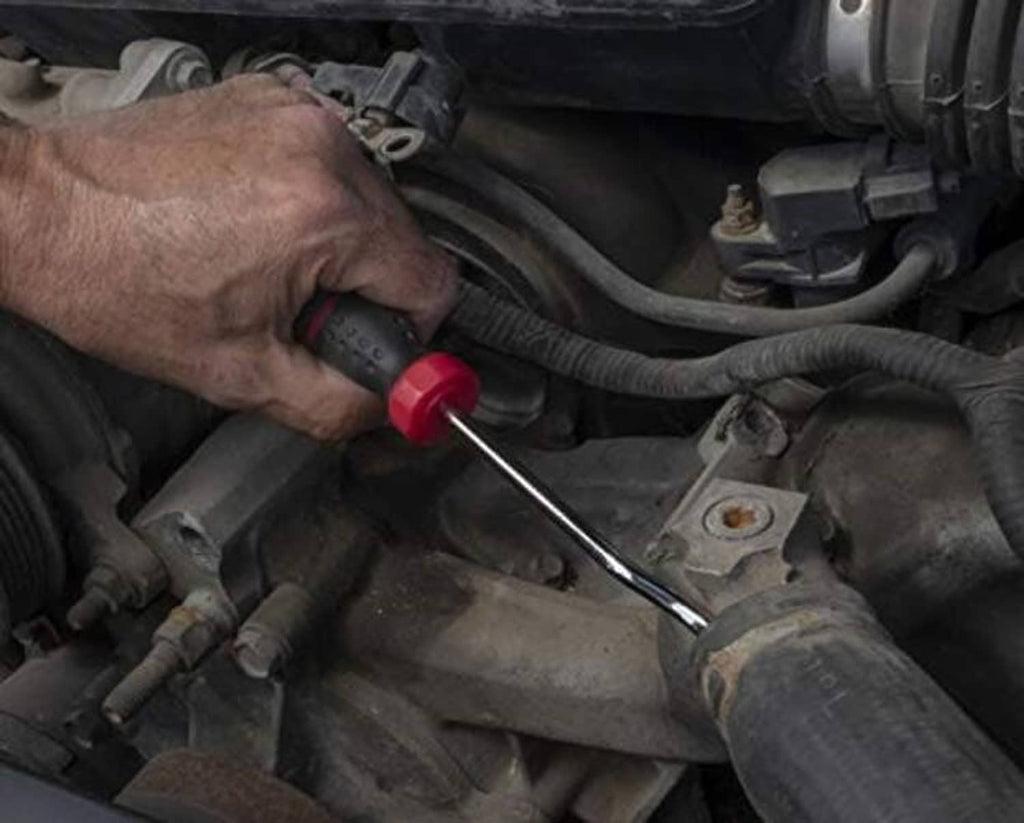 Radiator hose spoon tool with long metal rod and red-black grip used on engine bay