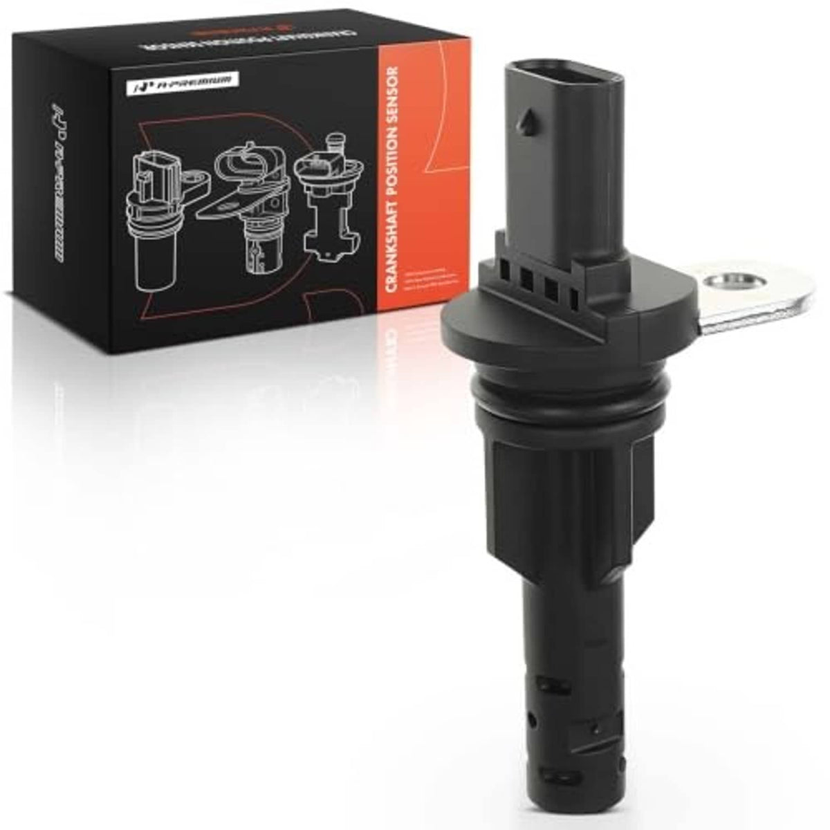 Engine camshaft position sensor, black body with metal mounting bracket and wire connector