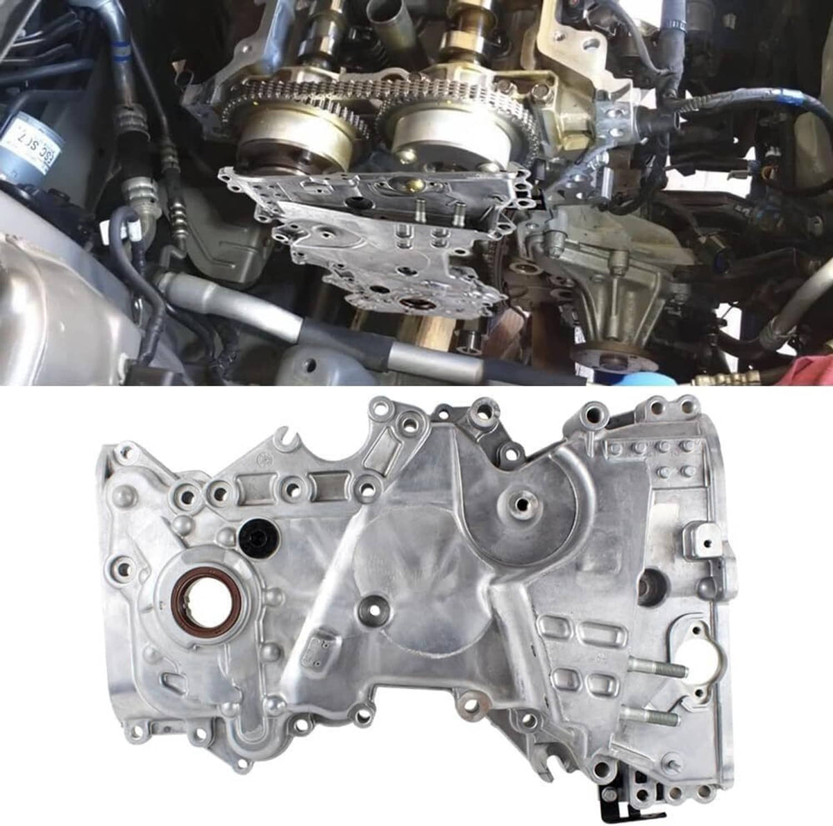 Engine bay and timing oil pump cover shown together, round seal ports visible