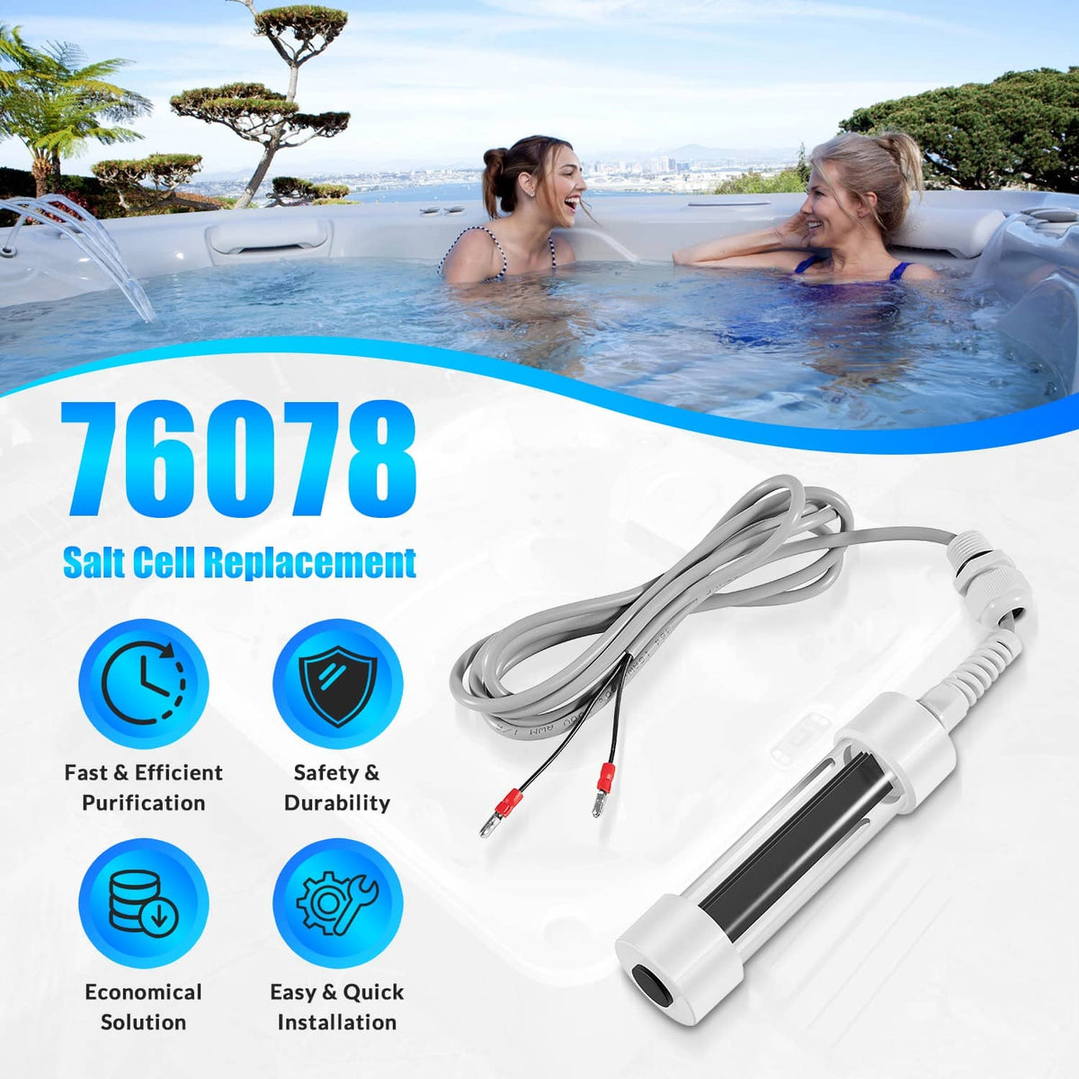 Salt cell replacement for hot tubs with gray cables, white cartridge, and red-tipped connectors
