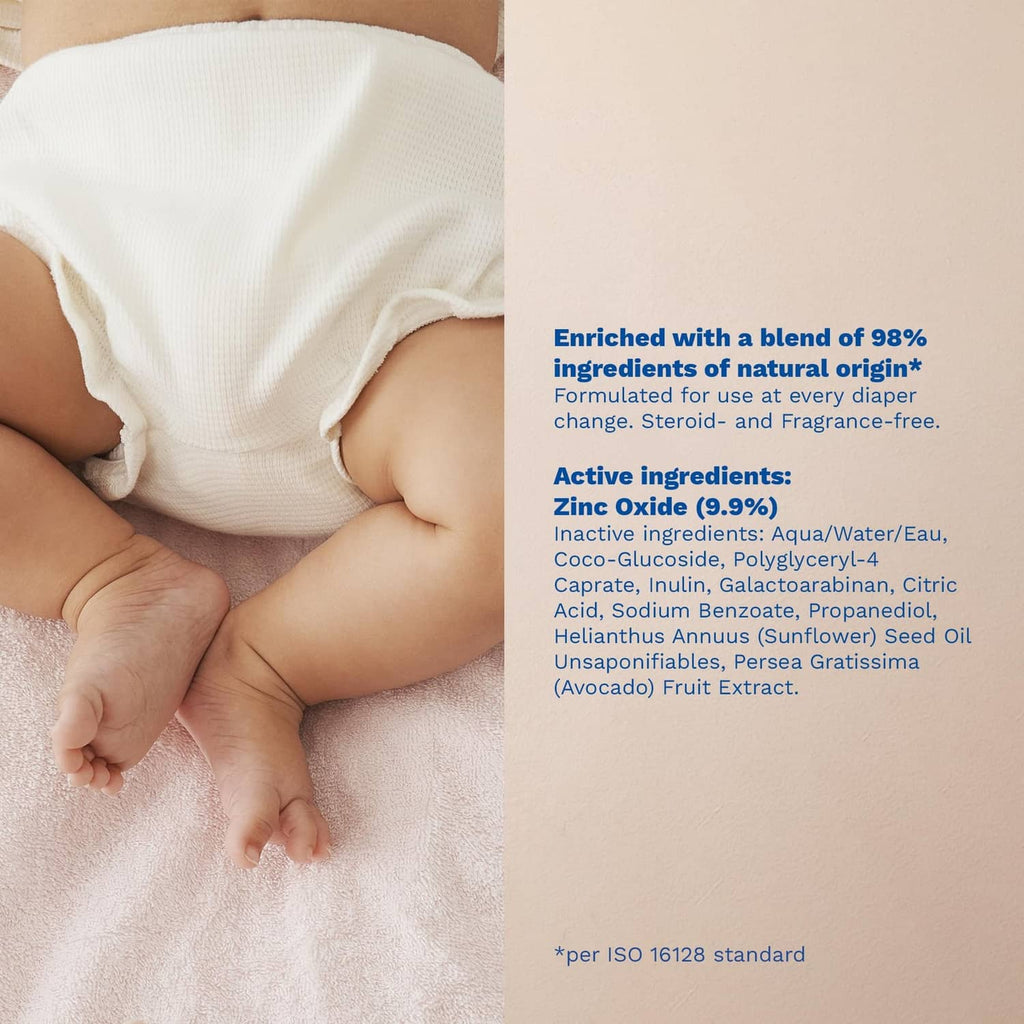 Diaper rash cream enriched with natural-origin ingredients on newborn diaper area