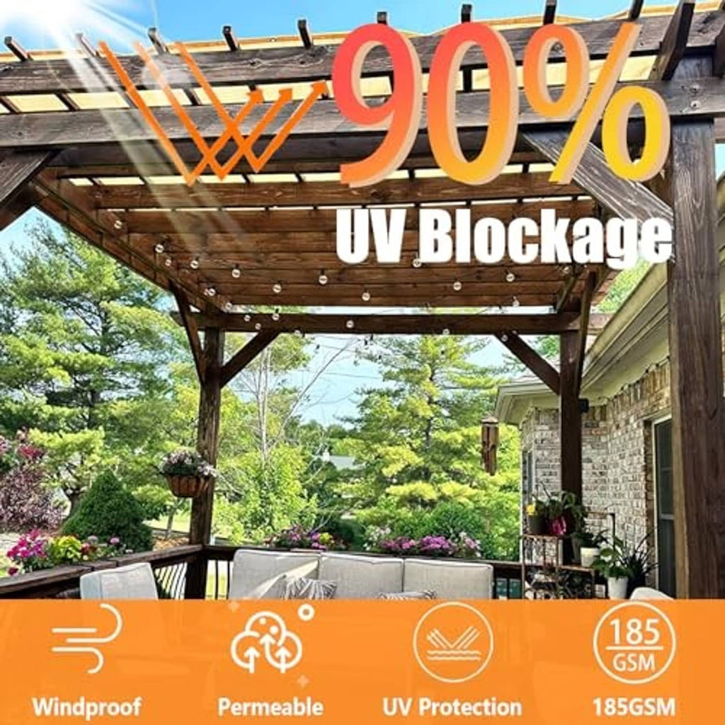 Beige outdoor sun shade cloth with UV protection graphic for 90% UV blockage