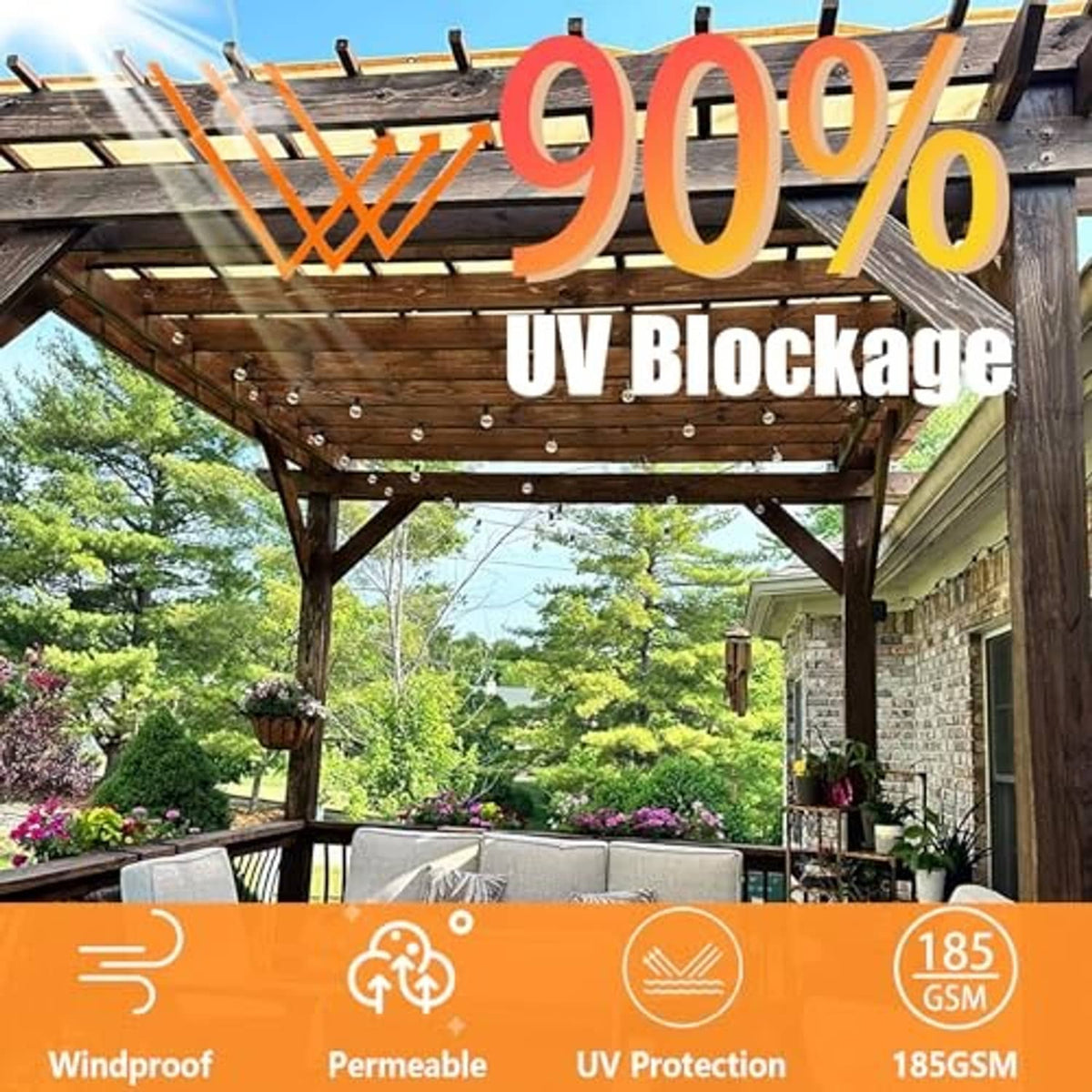 Beige outdoor sun shade cloth with UV protection graphic for 90% UV blockage
