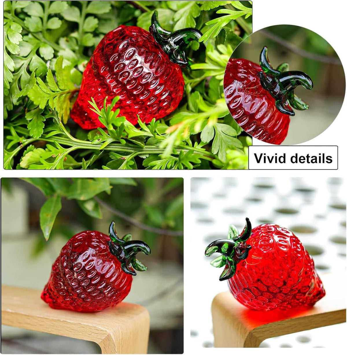 Red glass strawberry paperweight figurine with green leaves on wooden base