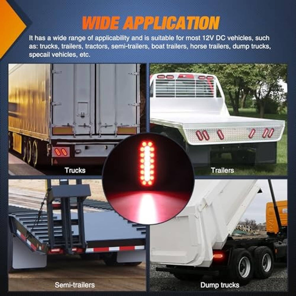 Oval red LED tail lights illuminated on trailers and trucks, in-use view