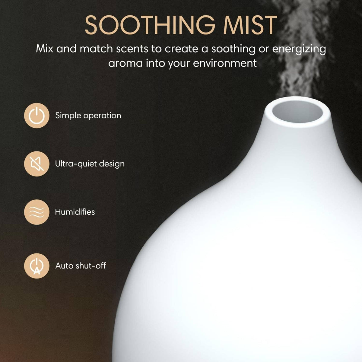 White essential oil diffuser with visible mist, rounded top and light wood base