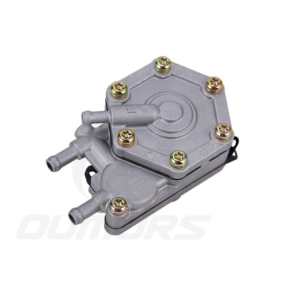 Gray fuel pump front view with two hose ports and gold-capped mounting bolts