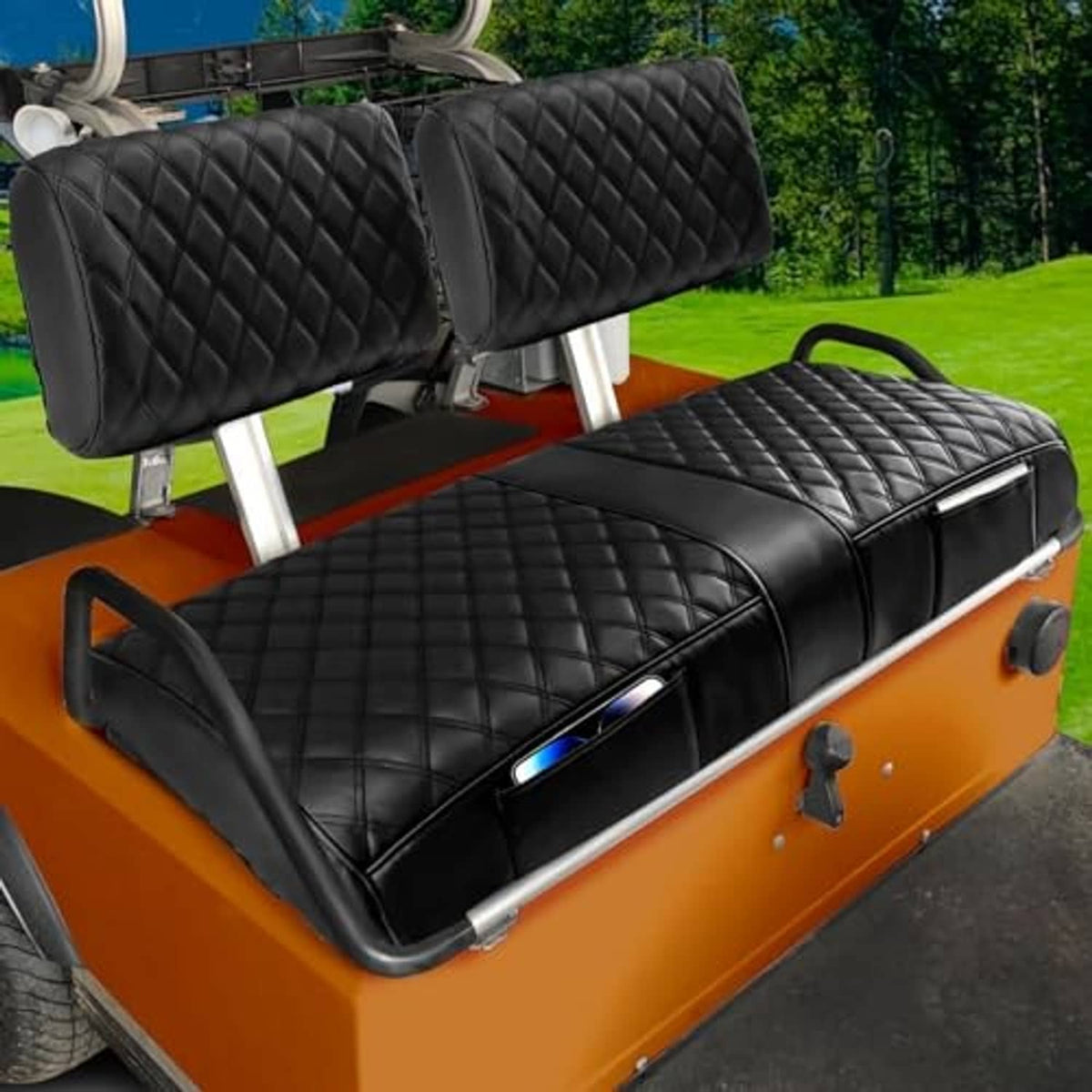 Black diamond-quilted golf cart seat cover with padded backrest and bench cushion