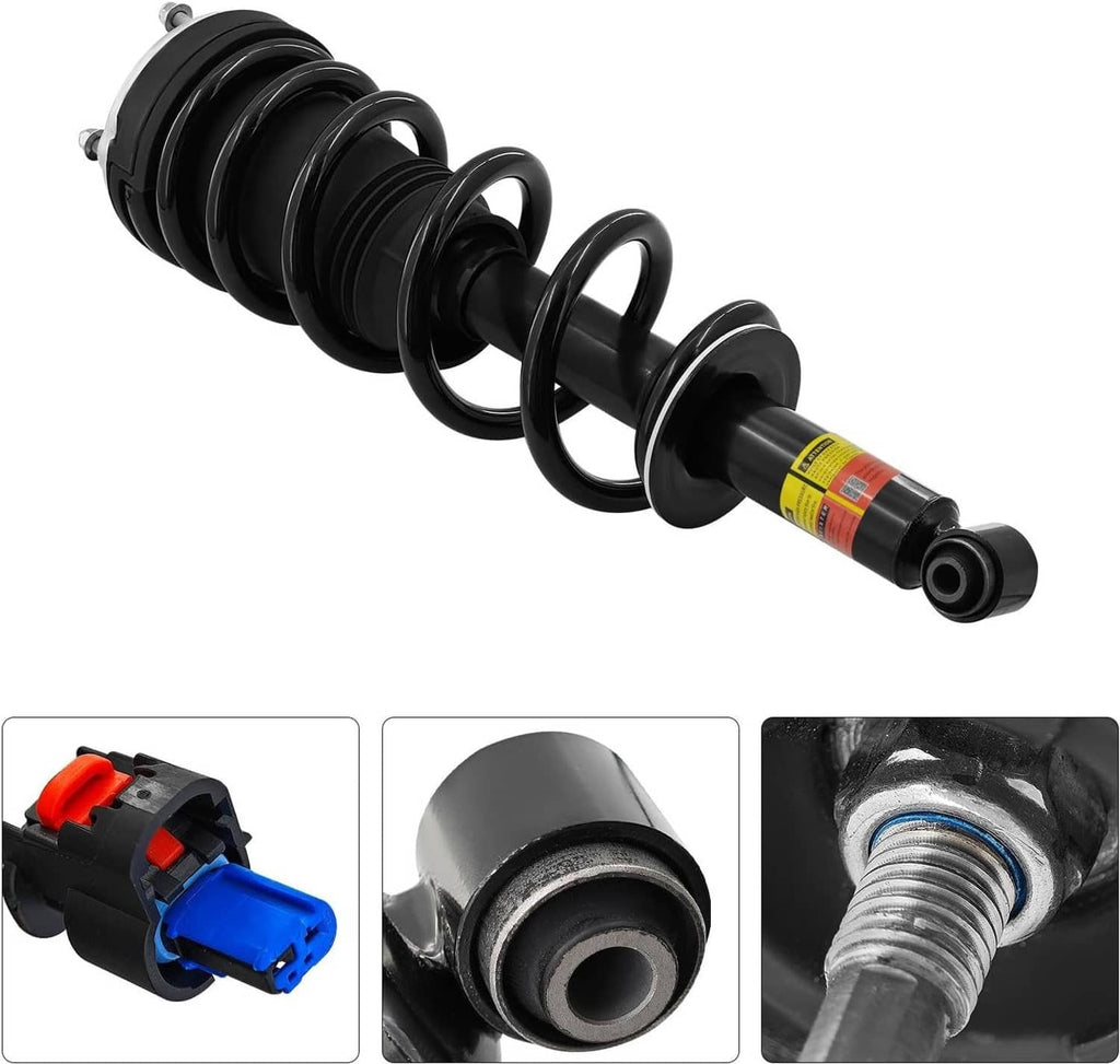 Shock strut set with black coil springs, wiring connector, and bushing close-ups