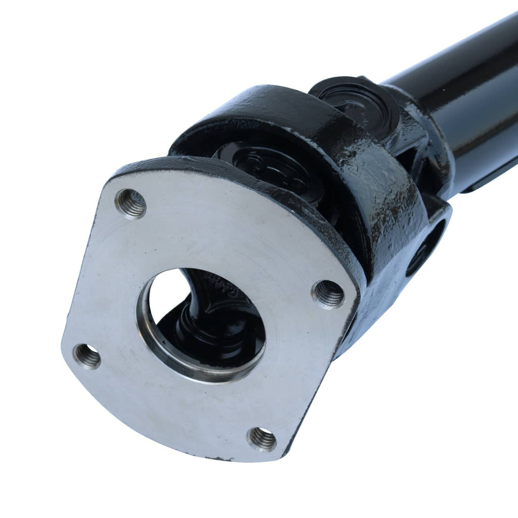 Black front drive shaft with square mounting flange and bolt holes