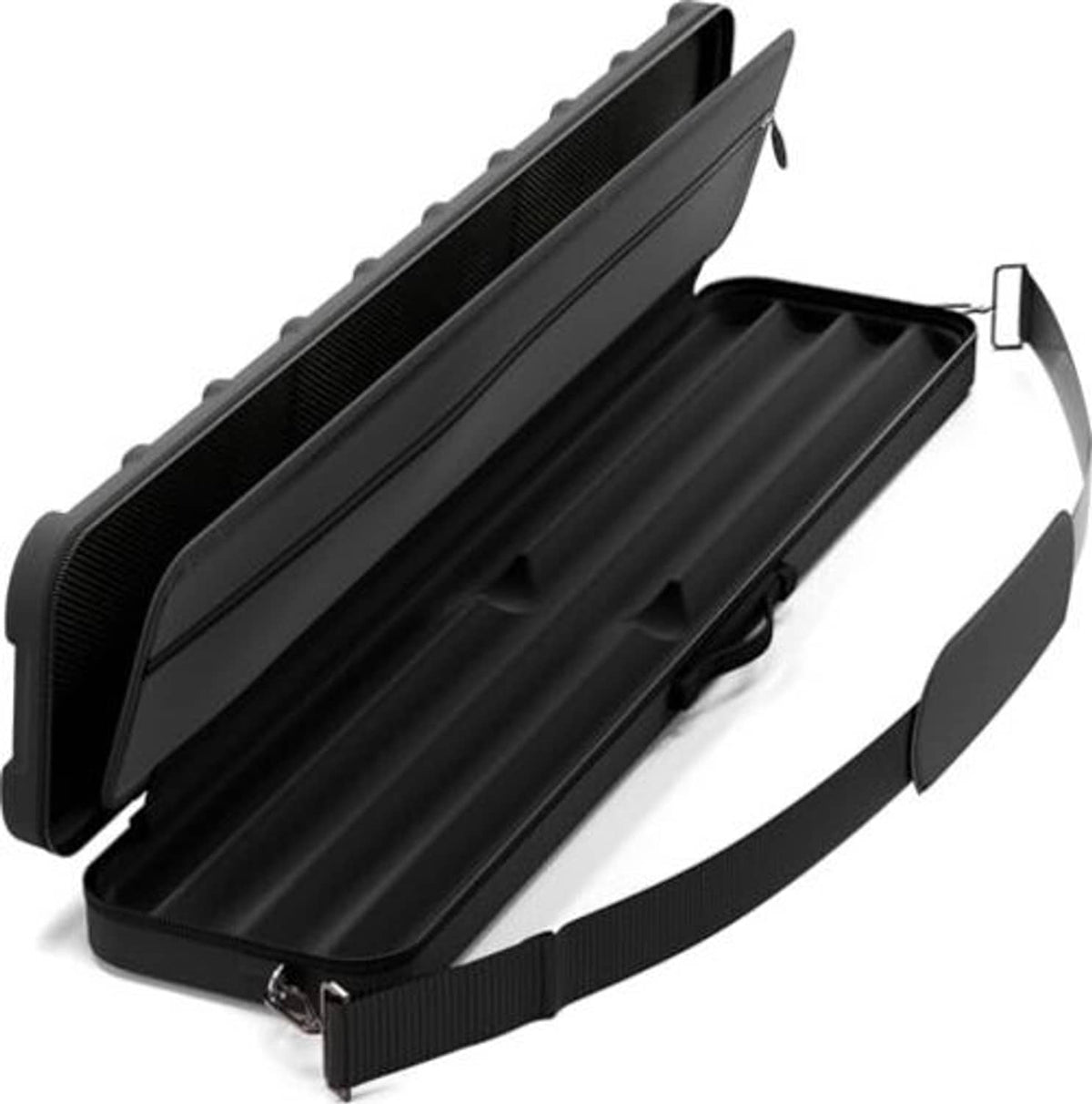 Black cue case shown open with two padded butt compartments and zipper closure.