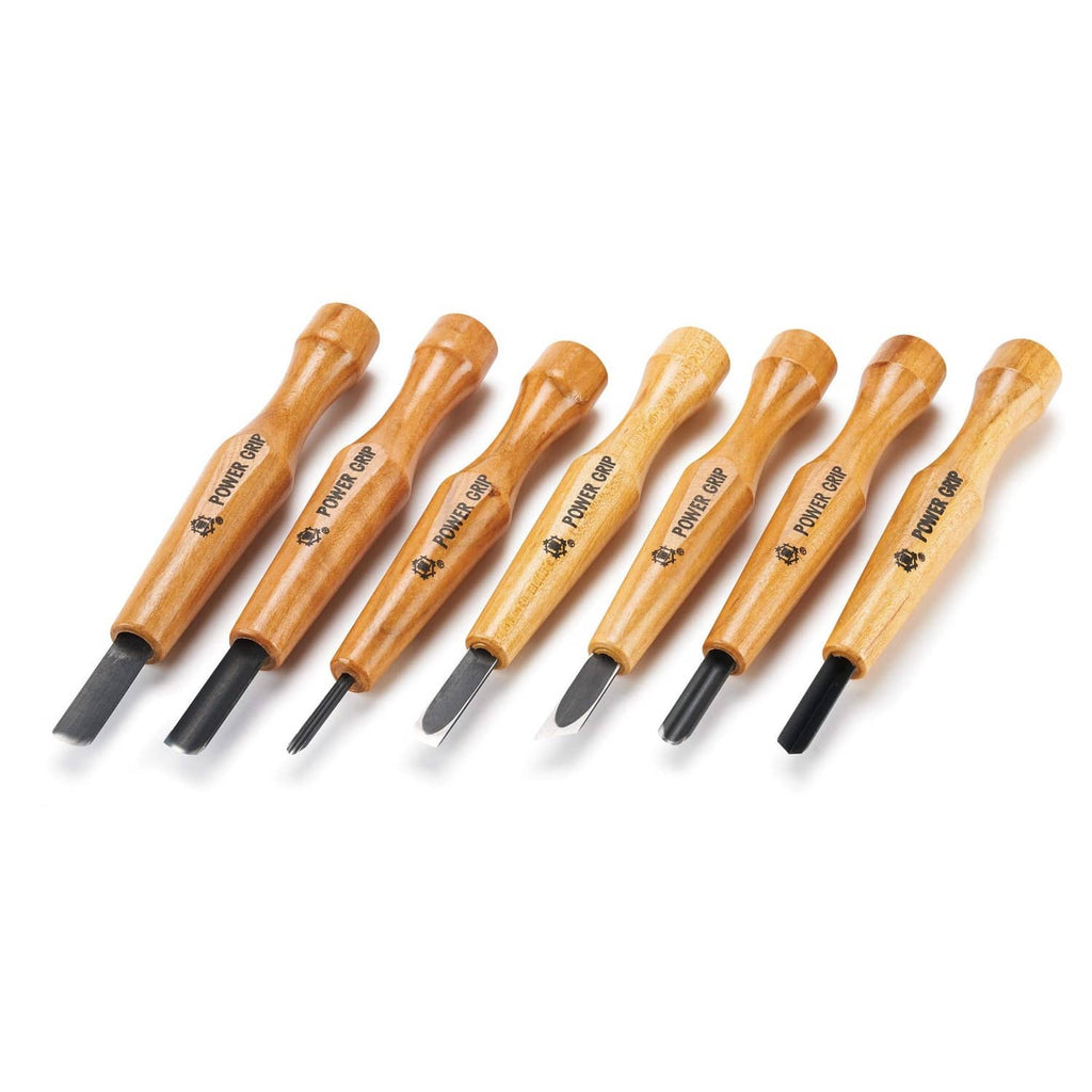 7-piece power grip carving tool set with wooden handles and metal tips