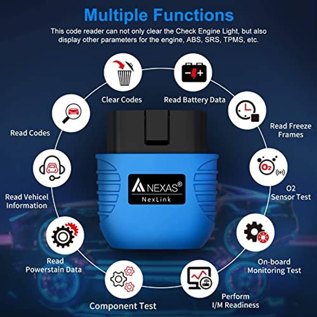 Blue Nexlink Bluetooth OBD2 code scanner with diagnostic feature icons graphic.