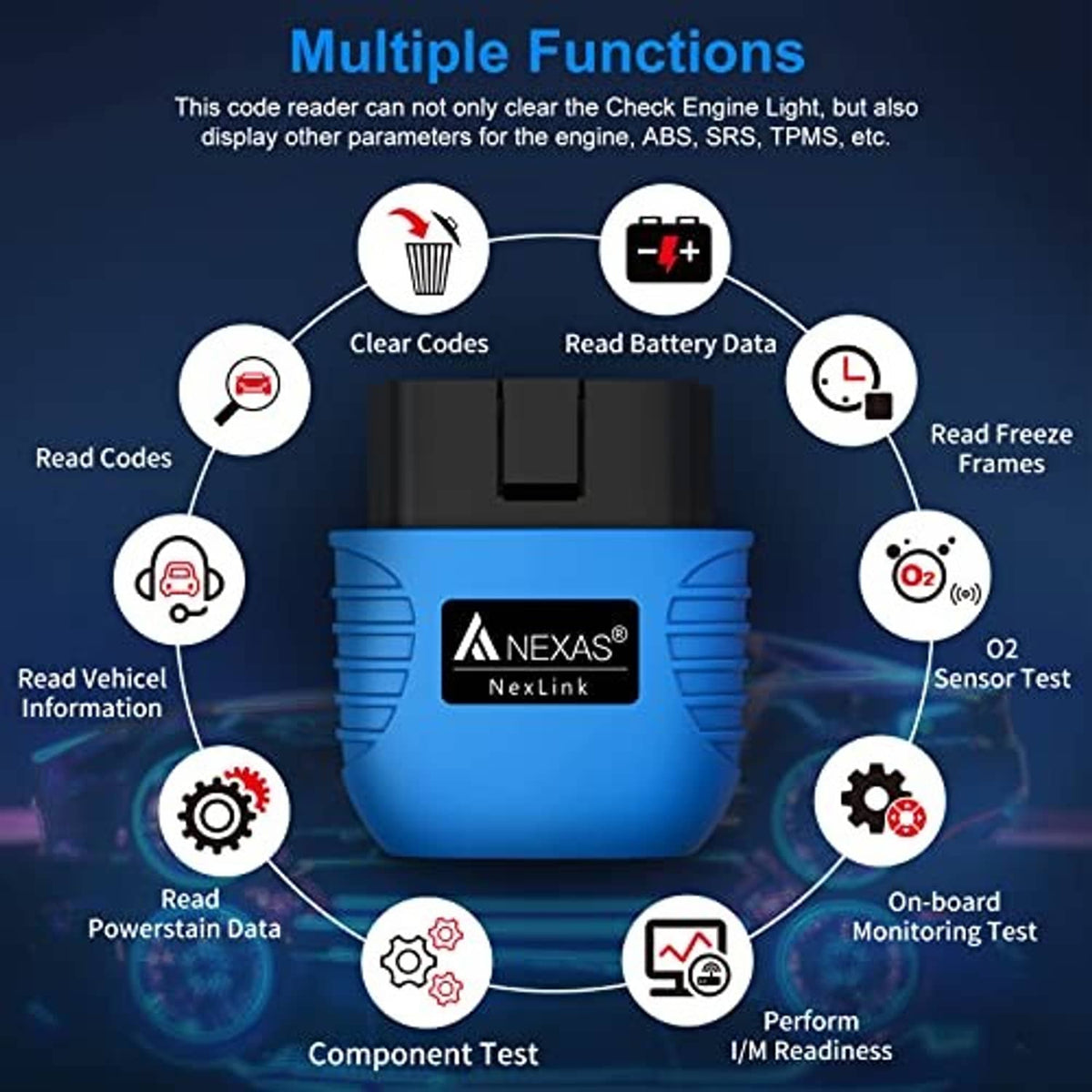 Blue Nexlink Bluetooth OBD2 code scanner with diagnostic feature icons graphic.