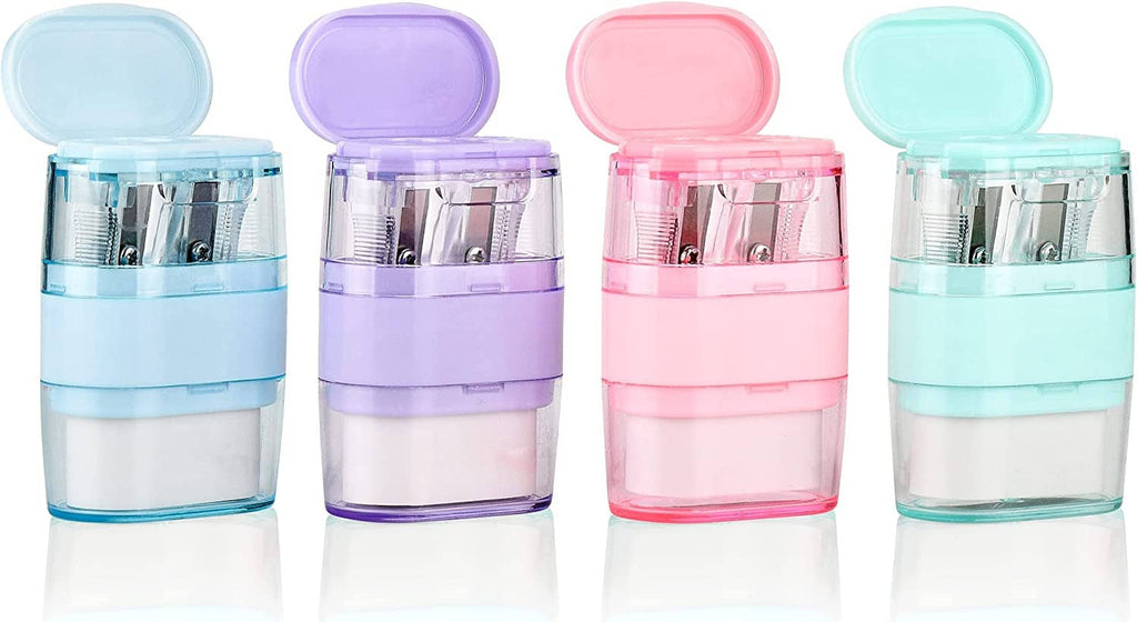 4-pack manual pencil sharpeners with eraser, double-hole, multicolored blue/purple/pink/teal