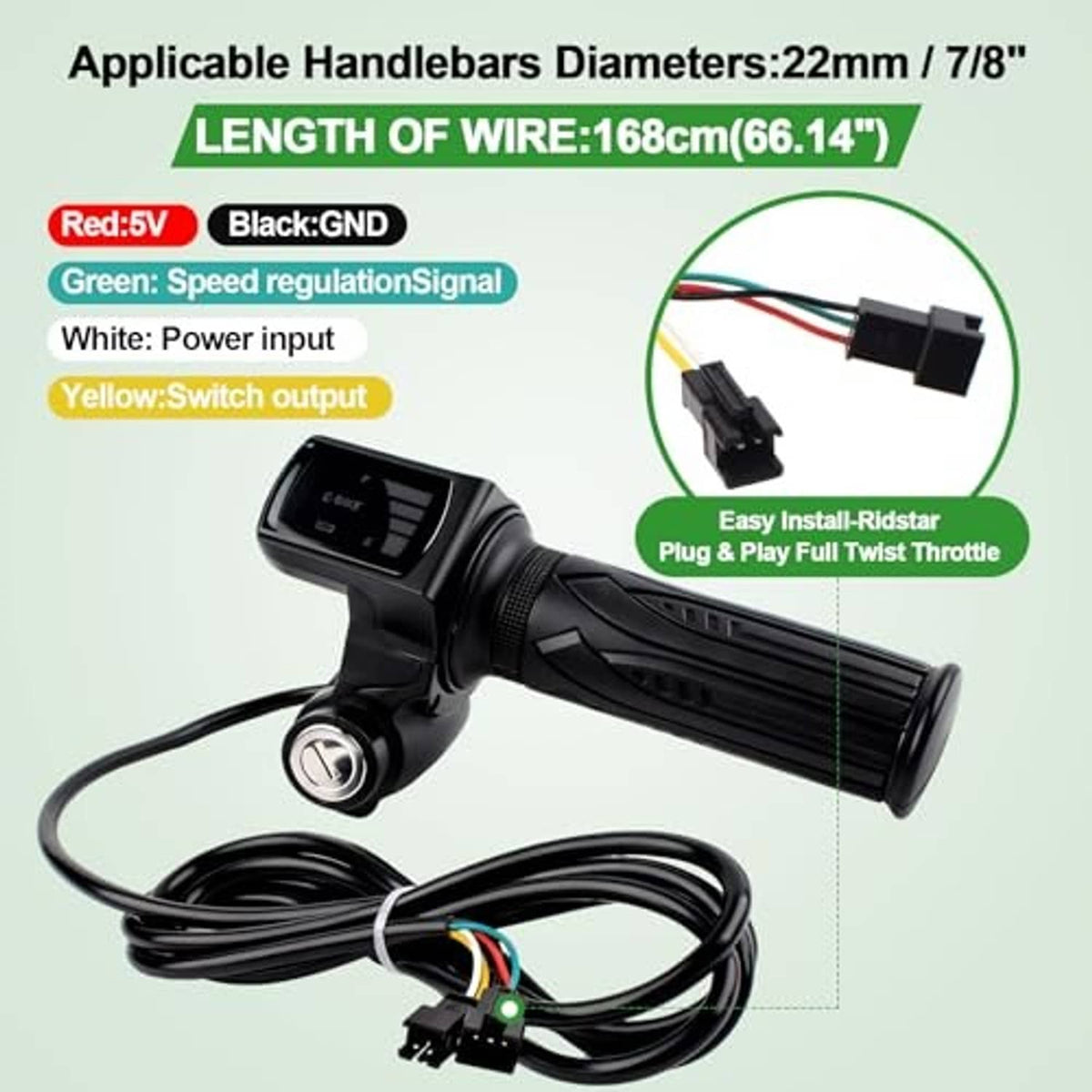 Black twist throttle grip with LCD screen, coiled cable, keys, and mounting tool