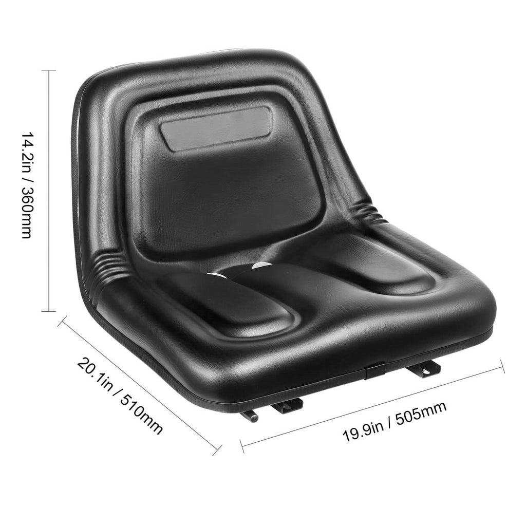 Black forklift seat angled view with molded backrest and seat pads