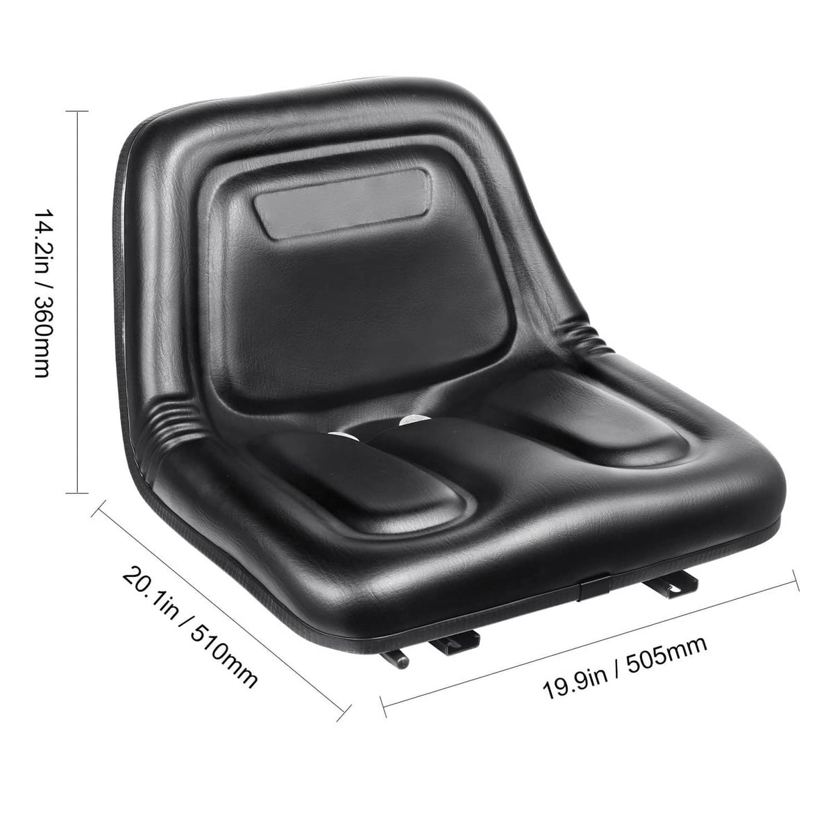 Black forklift seat angled view with molded backrest and seat pads