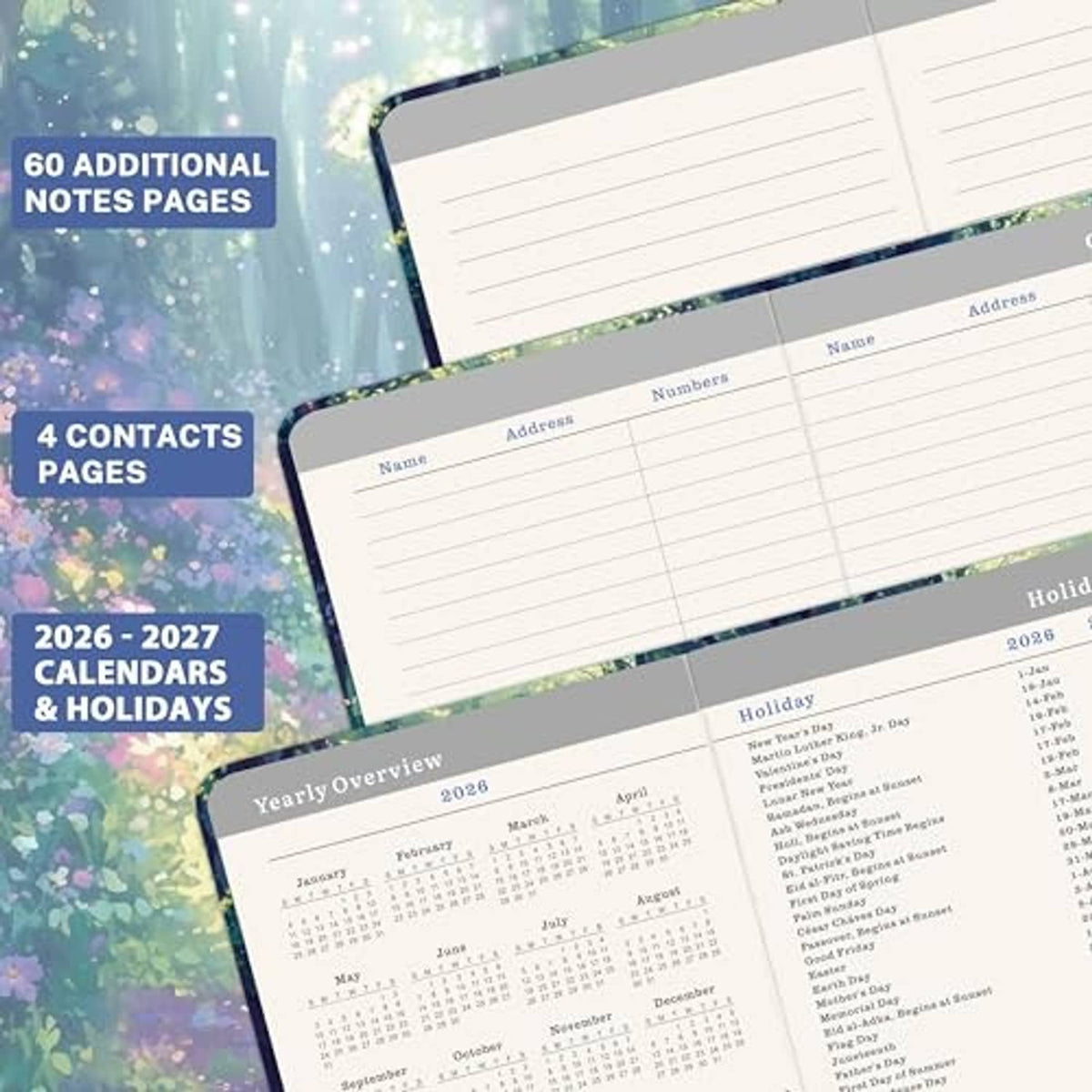 Pocket calendar 2026-2029 notes and contact sections with lined writing pages