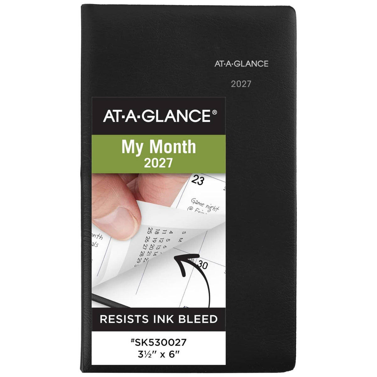 Black AT-A-GLANCE 2027 planner cover reading “My Month 2027” and “Resists Ink Bleed”