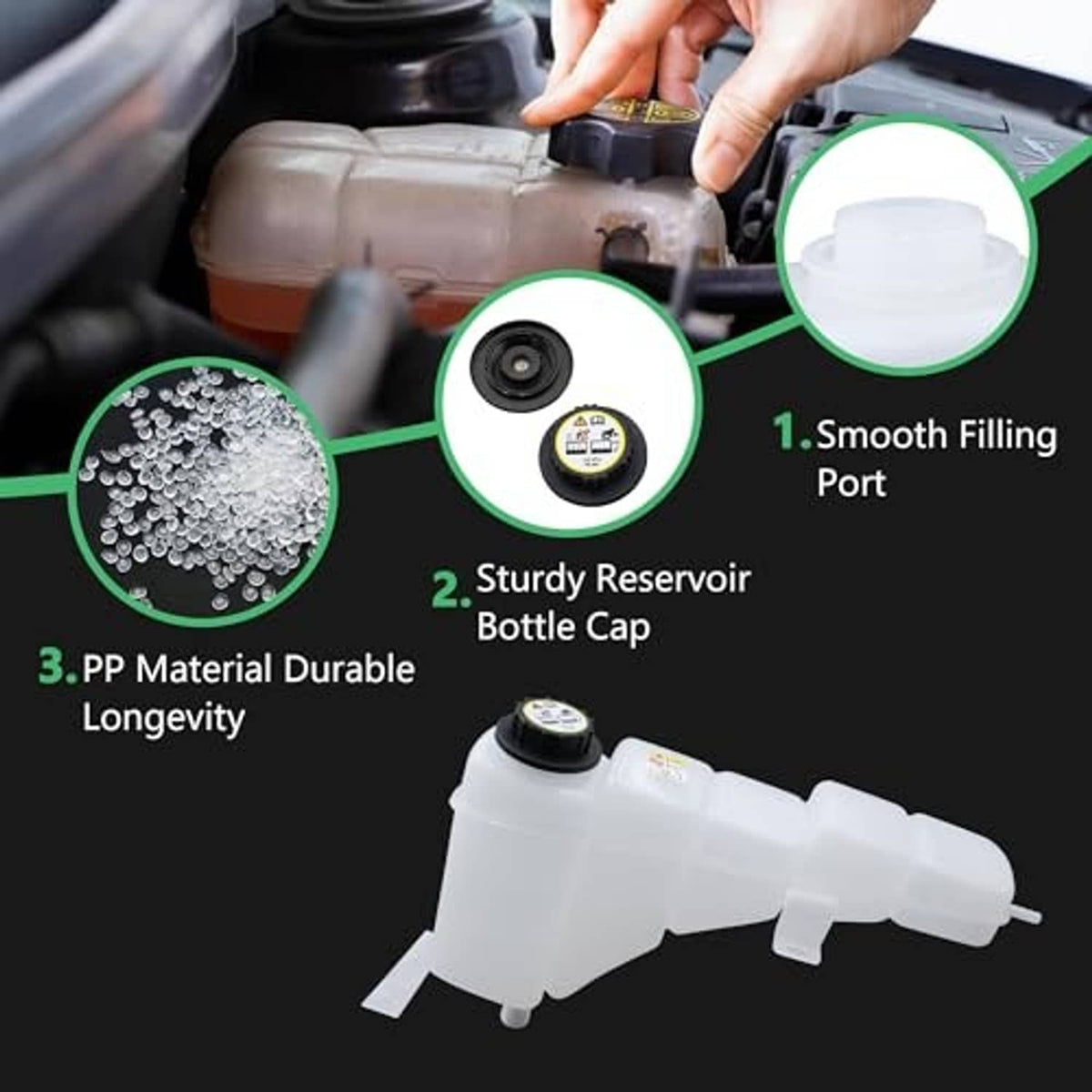 Pressurized coolant reservoir with bottle cap and smooth filling port, PP plastic