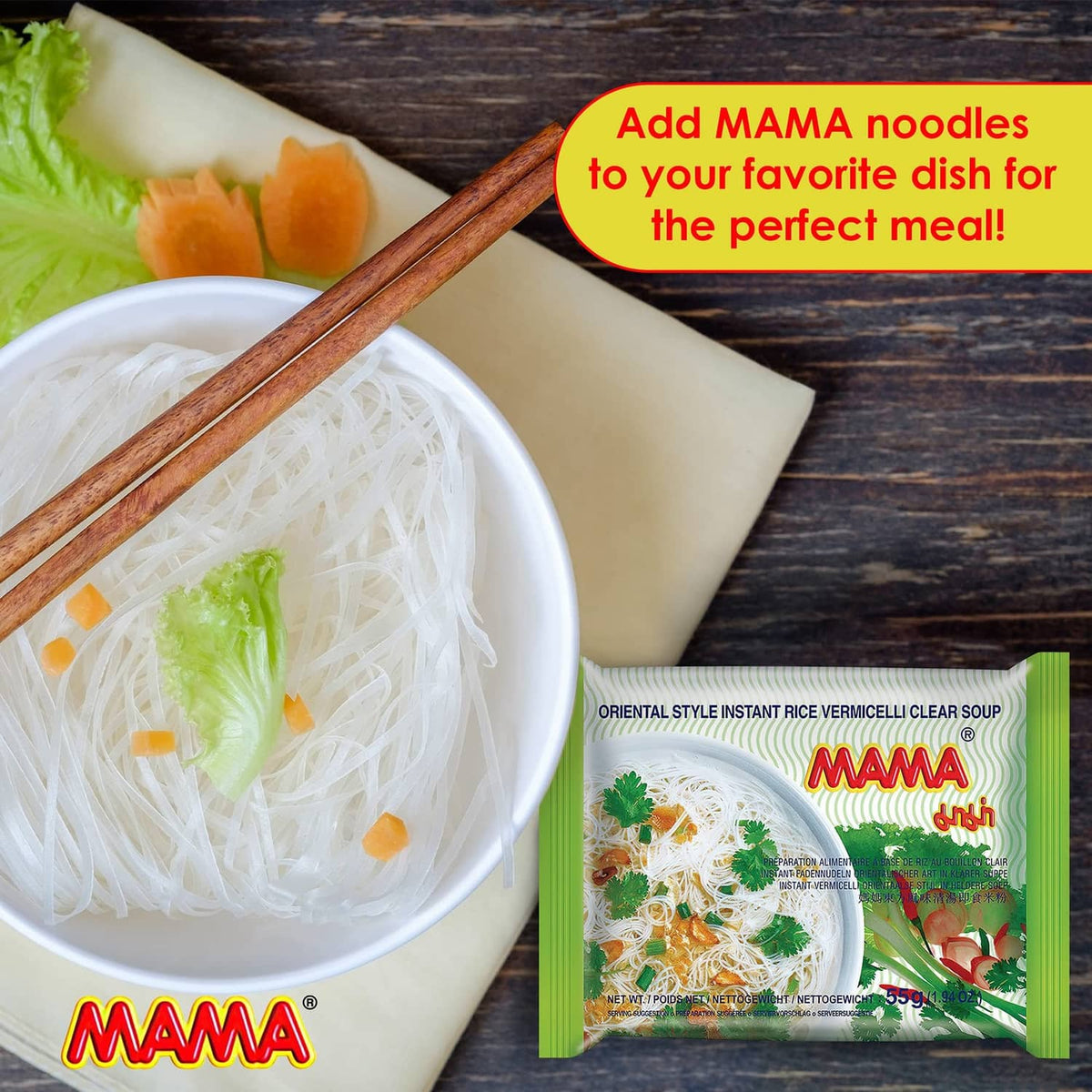 MAMA vermicelli clear soup instant rice noodles pouch with soup bowl and chopsticks