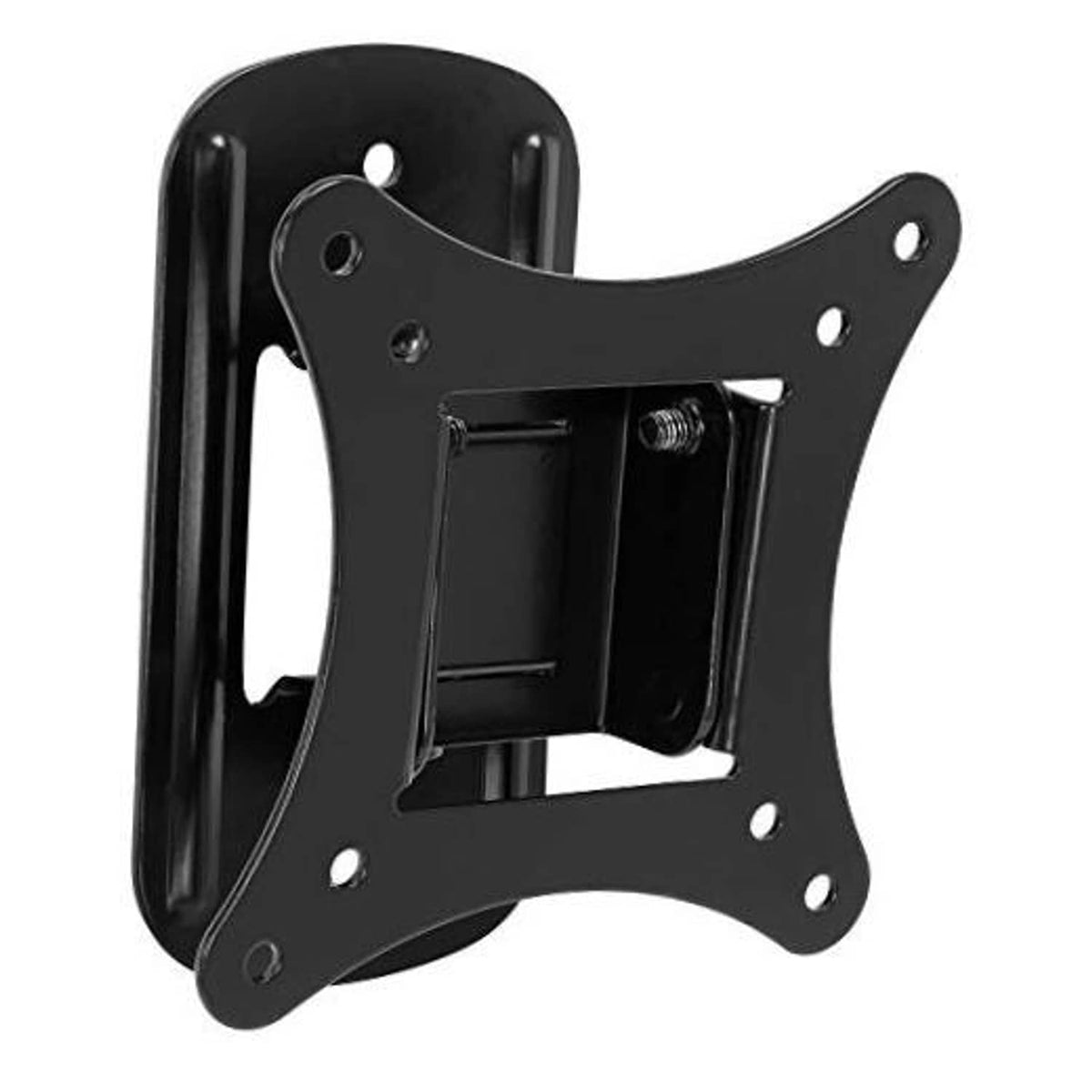 Black tilt TV wall mount bracket with four bolt holes and slotted mounting plate