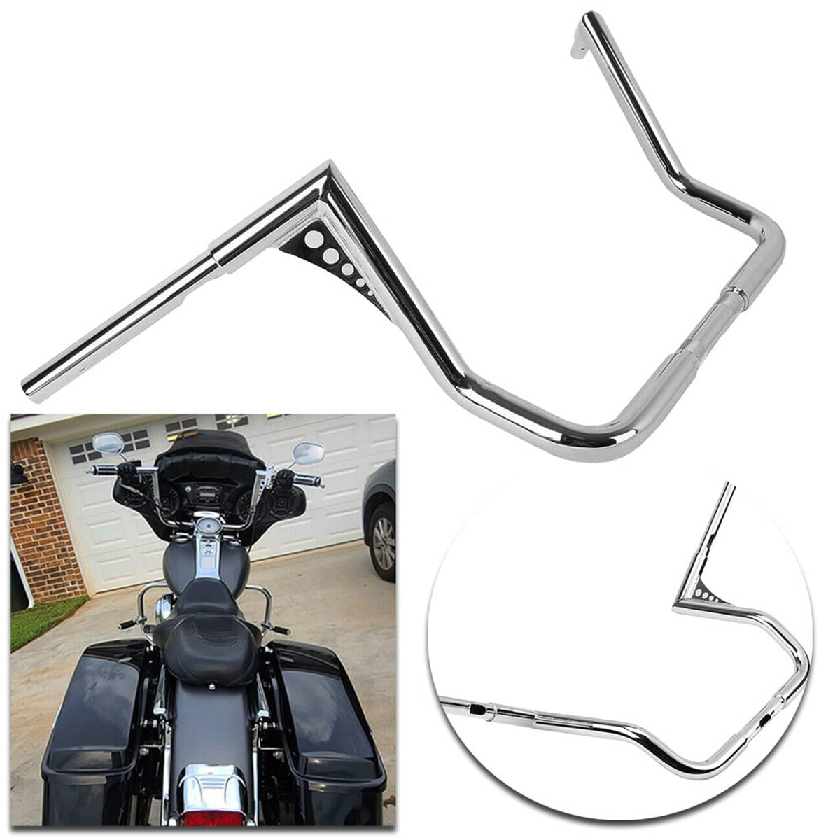 Chrome ape hanger handlebar with curved center, top and side view