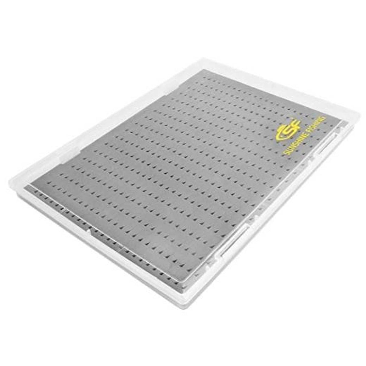 Extra-large clear fly fishing storage box with gray perforated foam insert and slots