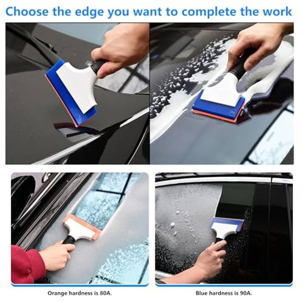 Two-edge rubber squeegee with blue and orange blades, shown on wet glass.