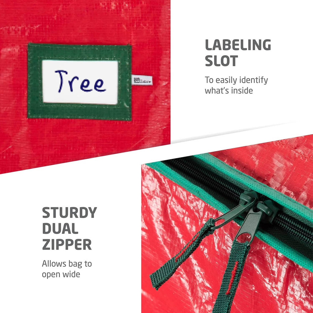 Red Christmas tree storage bag with front label patch and zipper opening detail