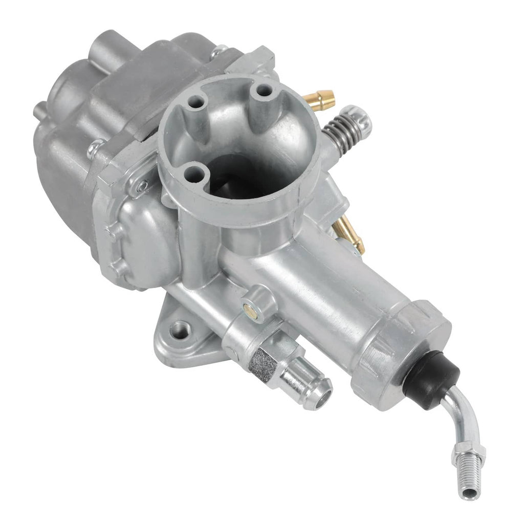Angled silver carburetor assembly with intake bore, fuel fittings, and choke linkage