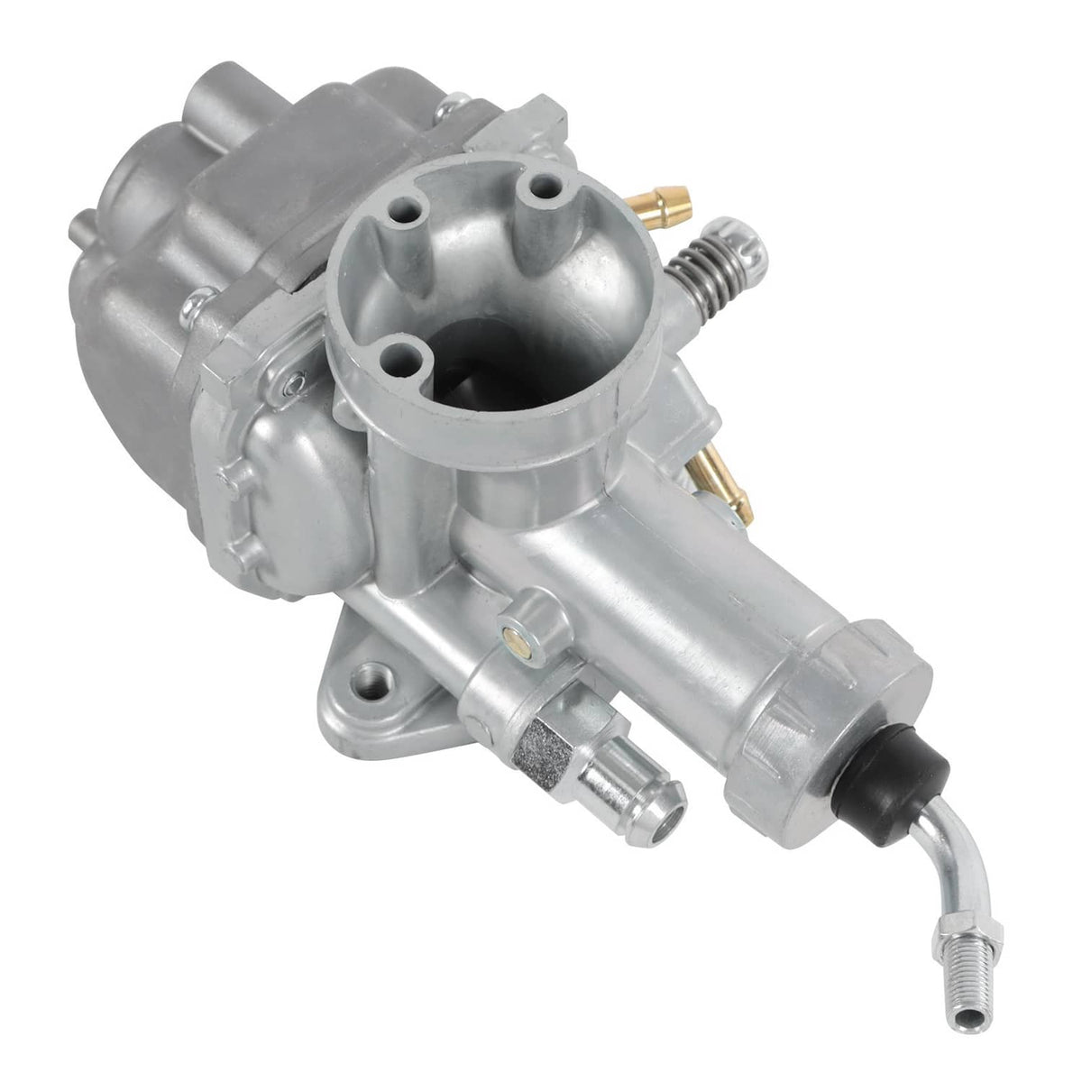 Angled silver carburetor assembly with intake bore, fuel fittings, and choke linkage