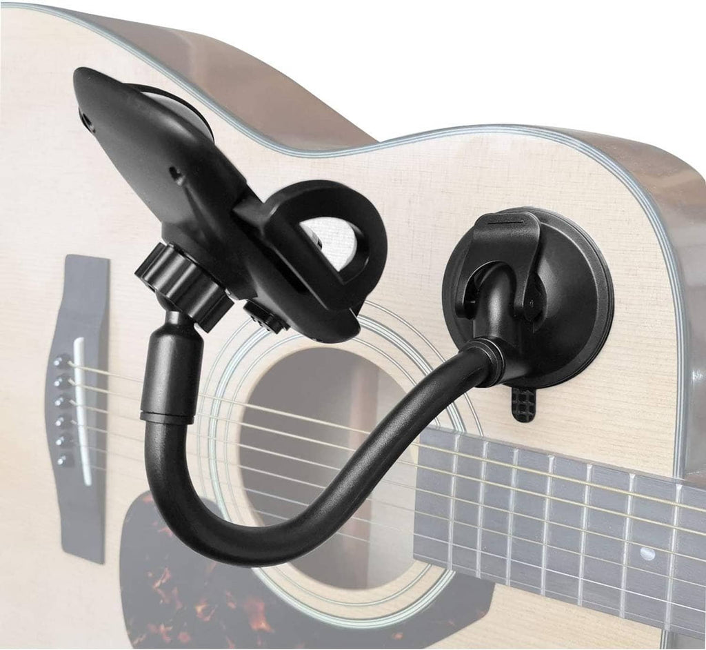 Guitar gooseneck phone holder suction mount holding a smartphone on the guitar body