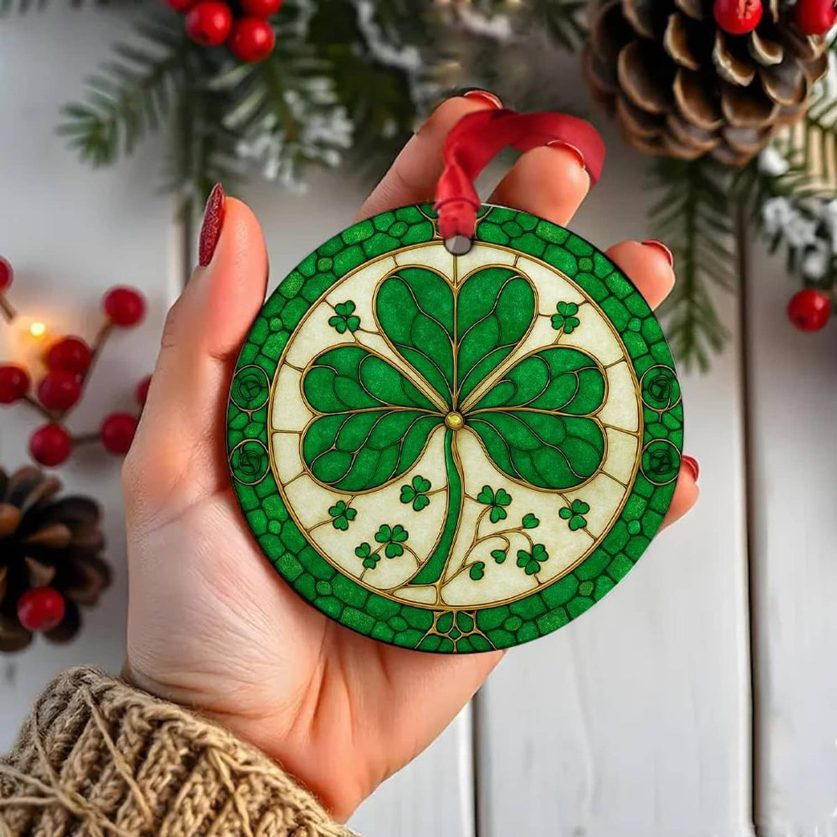 Green ceramic shamrock ornament with red ribbon, held in a hand for display