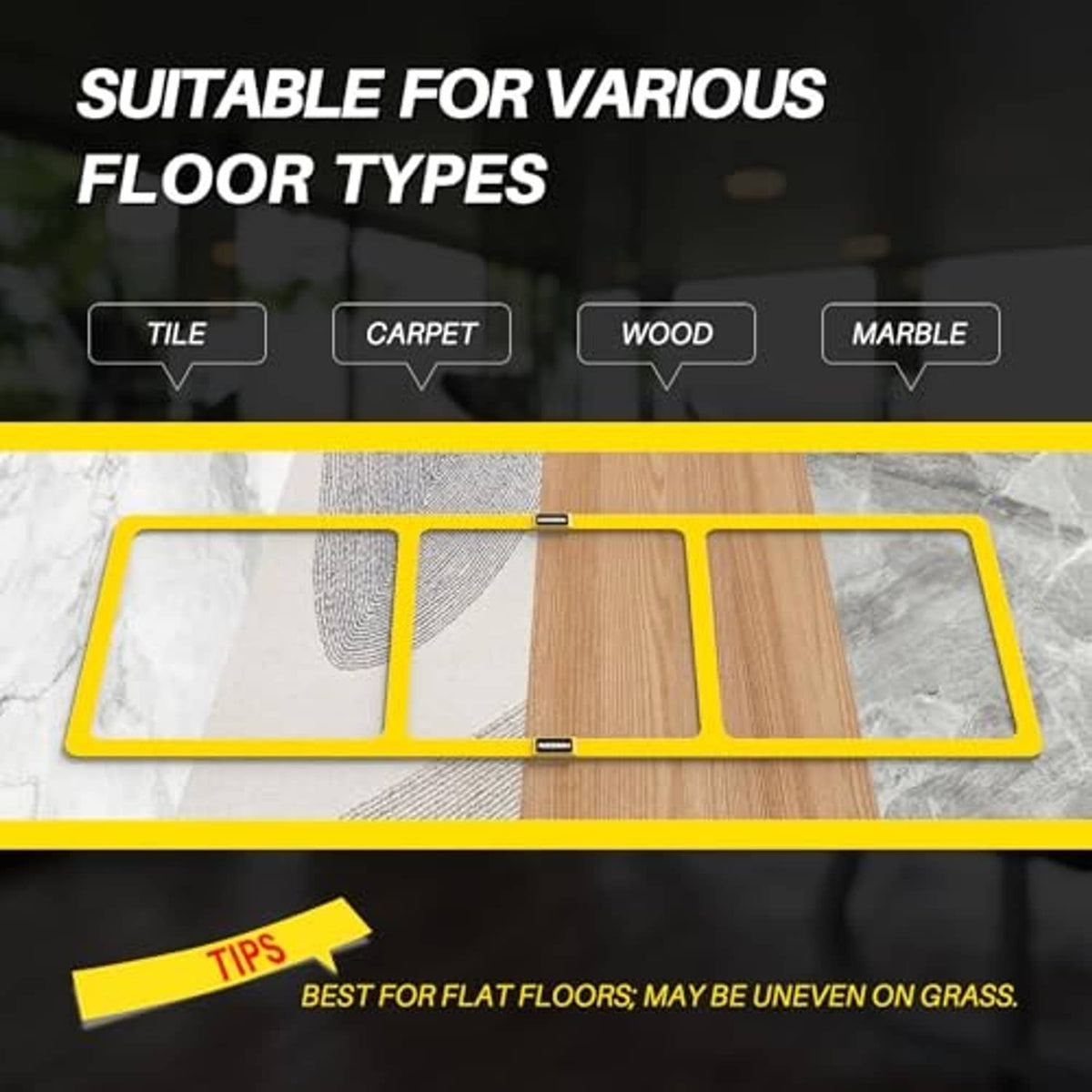 Yellow agility ladder shown on different floor surfaces with floor suitability layout