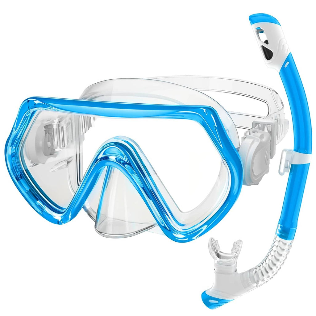 Kids snorkeling mask set with clear lens, blue frame, and snorkel tube attachment