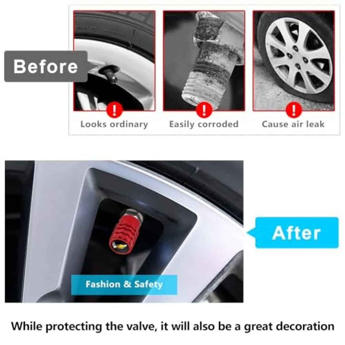 Red tire valve stem cap with yellow lightning icon installed in wheel opening