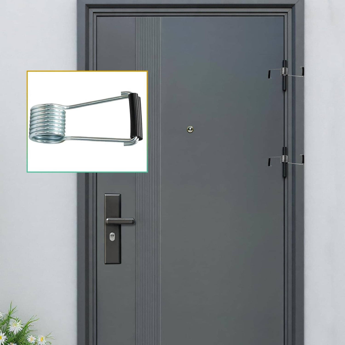 Spring door closer mounted on a dark door with silver coil bumper