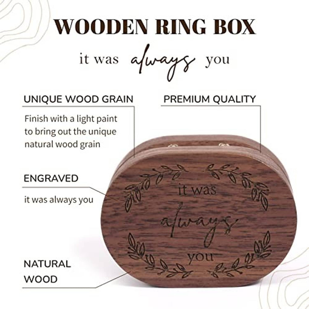 Round wooden ring box with engraved lid and dark velvet interior for rings